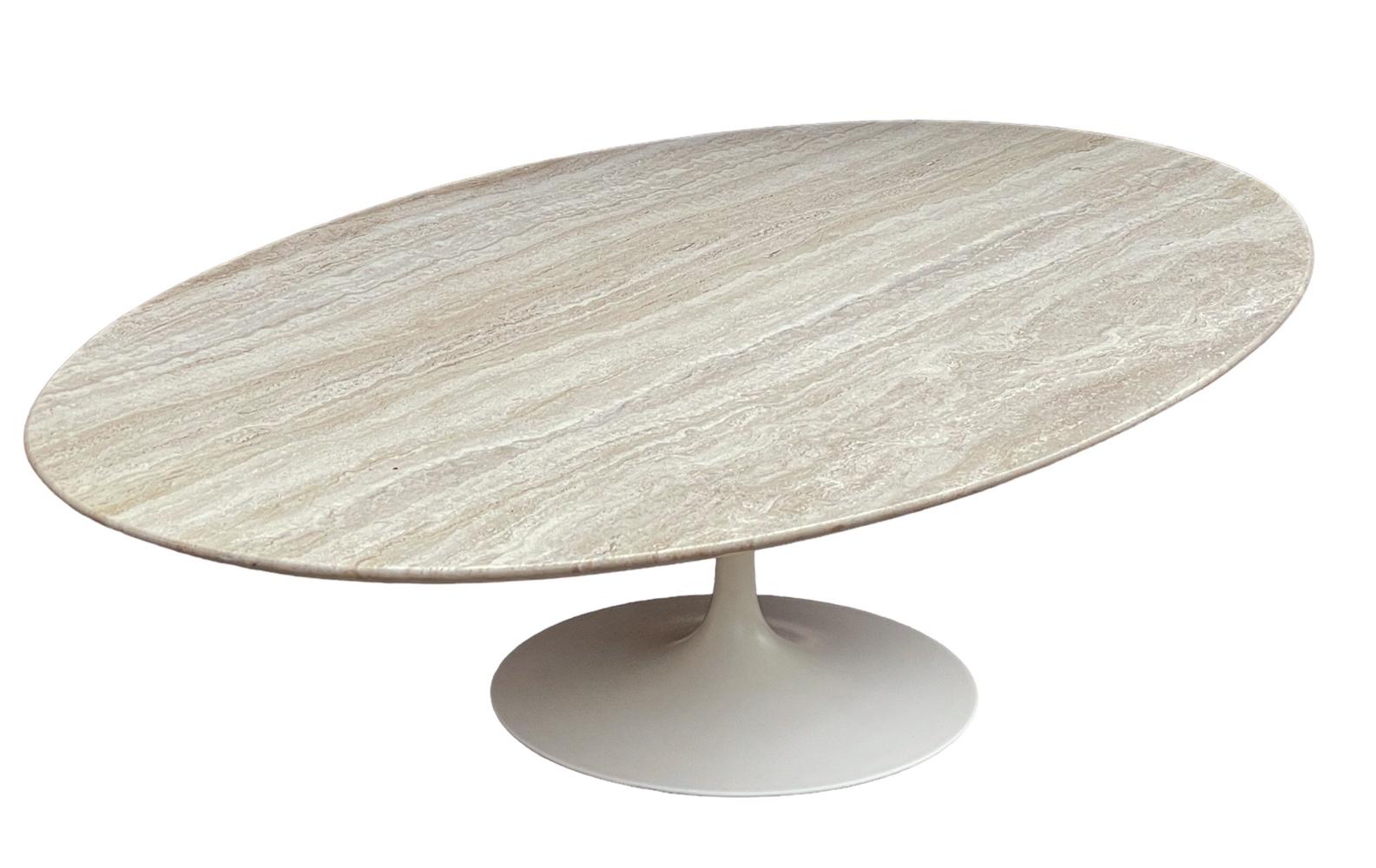 Mid Century Modern Oval Travertine Marble Cocktail Table by Saarinen for Knoll  For Sale 1