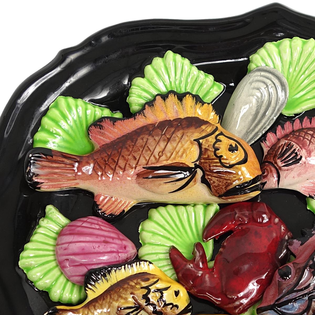20th Century Mid-Century Modern Oval Vallauris Majolica Wall Plate With Sea Creatures For Sale