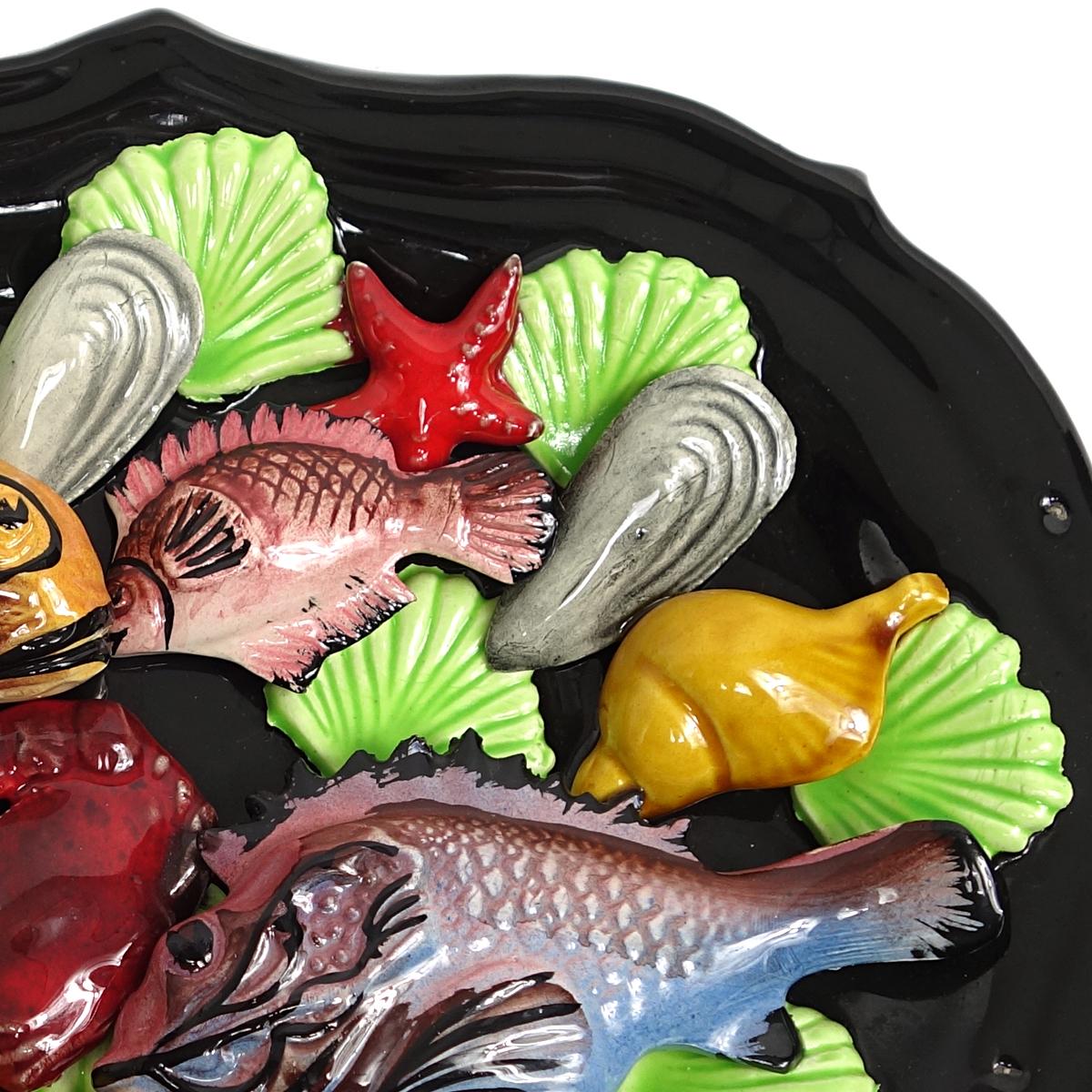 Ceramic Mid-Century Modern Oval Vallauris Majolica Wall Plate With Sea Creatures For Sale
