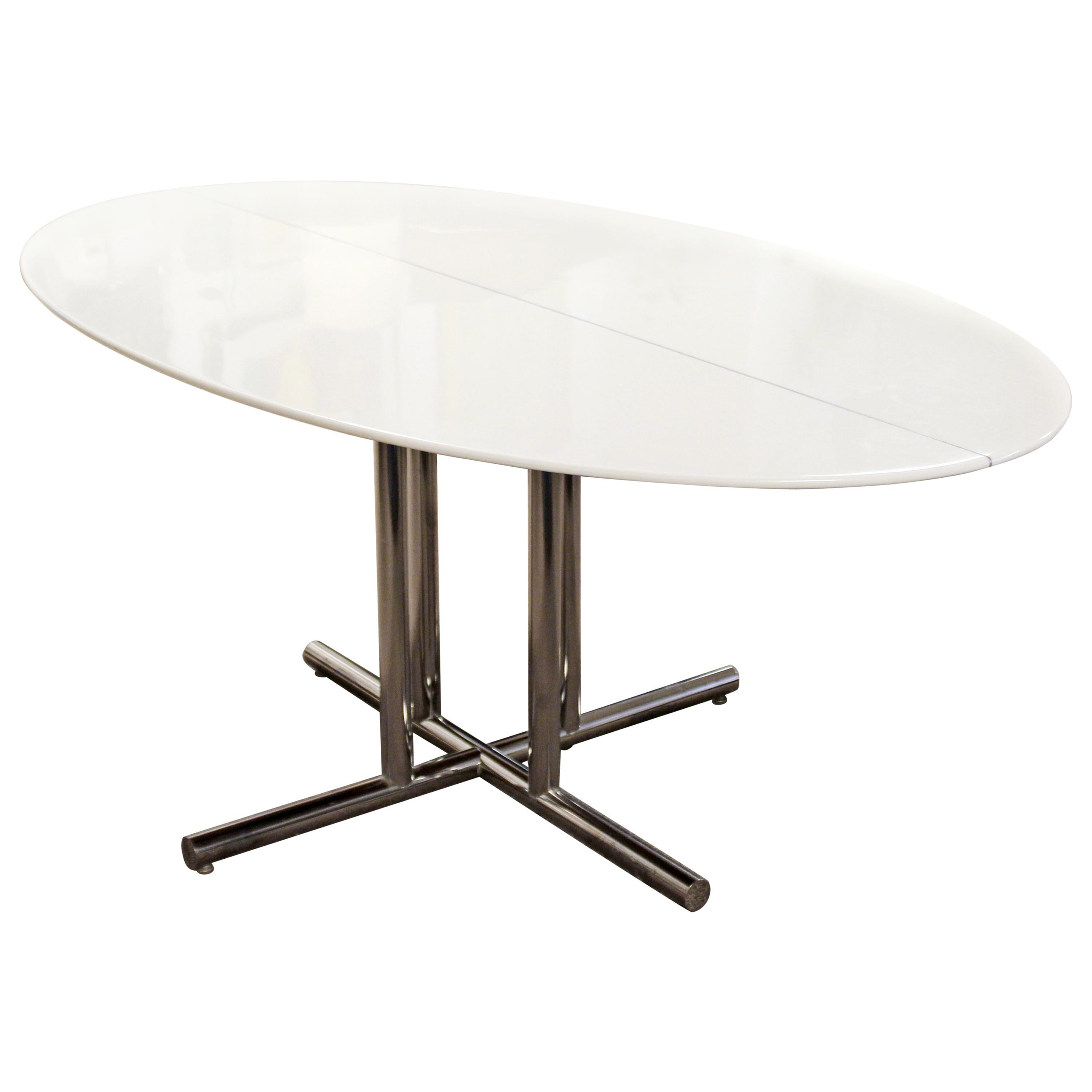 Mid-Century Modern Oval Vitrolite Style Chrome Base Dining Table Saporiti Era