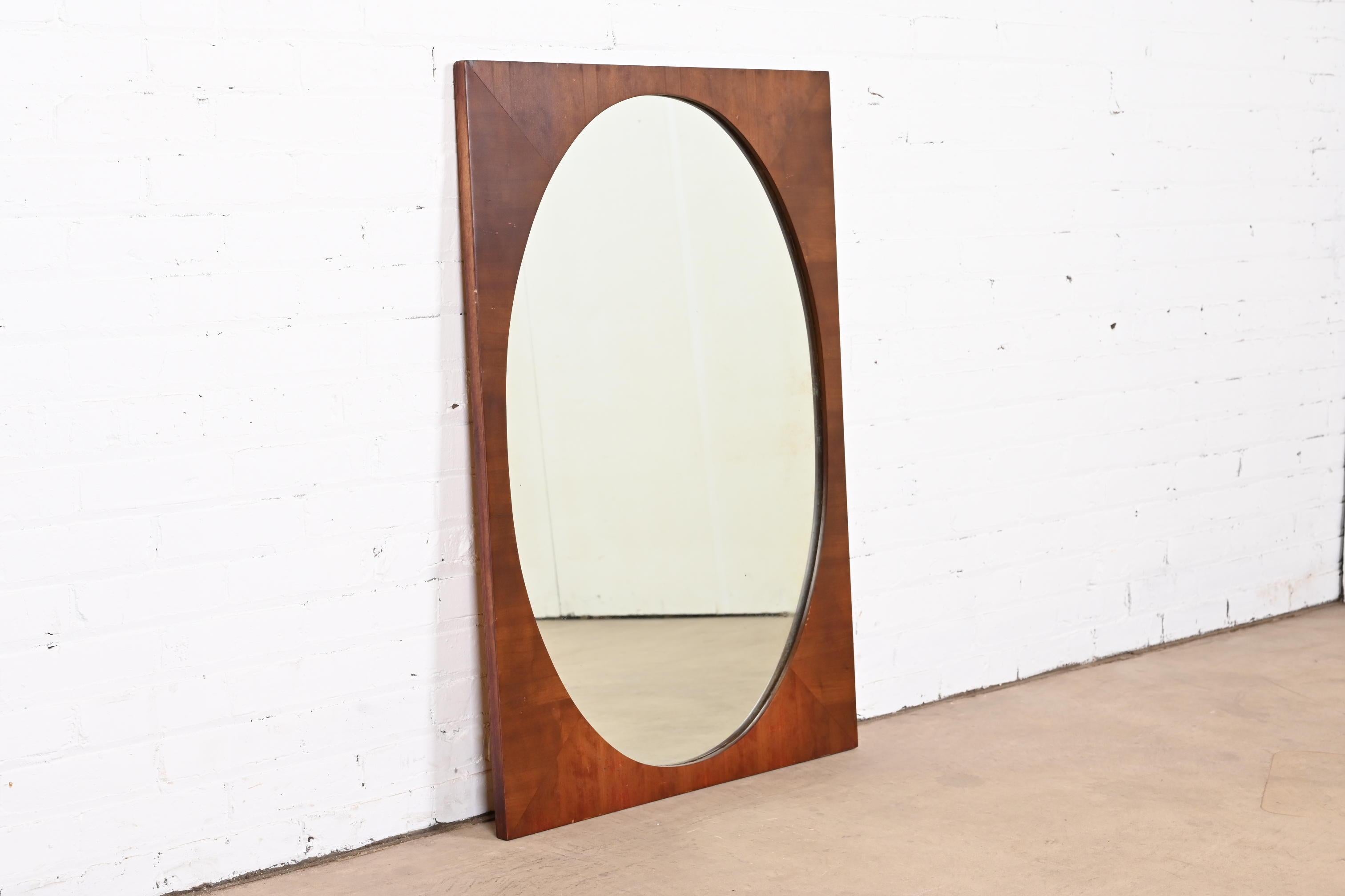 American Mid-Century Modern Oval Wall Mirror in Walnut Frame