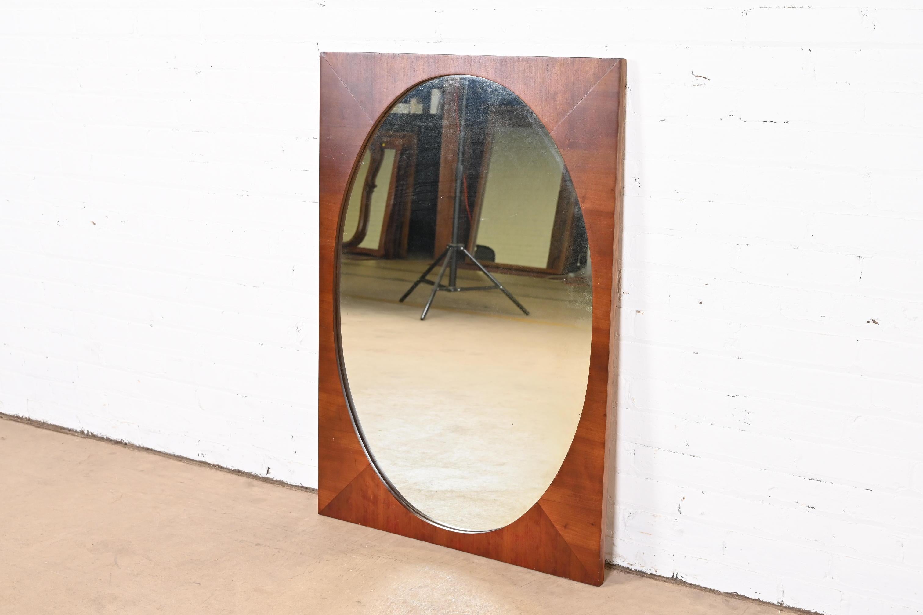 Mid-Century Modern Oval Wall Mirror in Walnut Frame 1