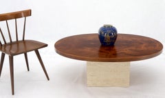 Mid-Century Modern Oval Walnut Top Travertine Cube Base Coffee Table