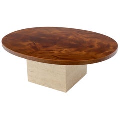 Mid-Century Modern Oval Walnut Top Travertine Cube Base Coffee Table