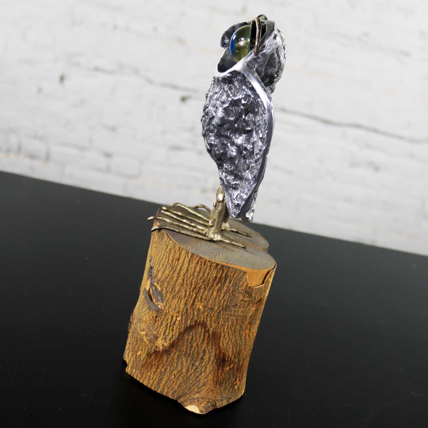 Acrylic Mid-Century Modern Owl Sculpture by Curtis Jere in Cast Aluminum on Wood Stump