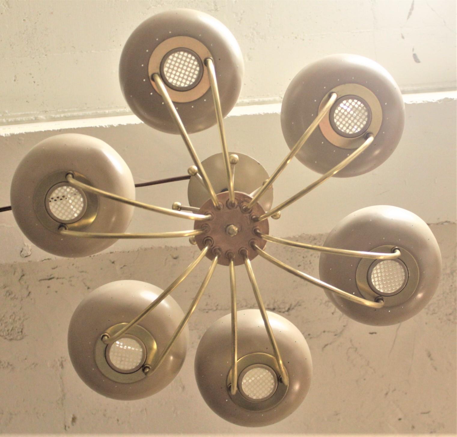 Metal Mid-Century Modern Paavo Tynell Attributed Six Cup Chandelier or Light Fixture