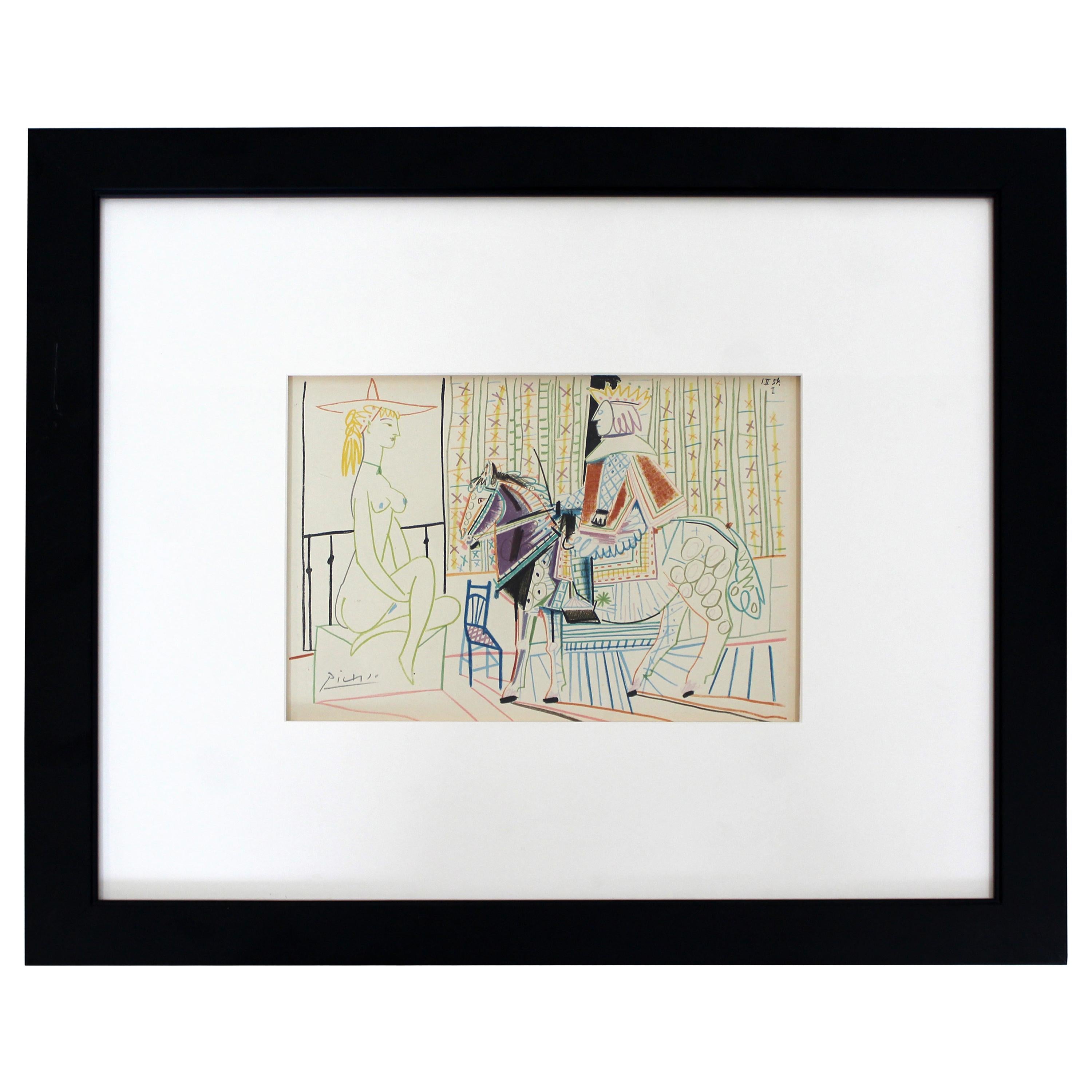 Mid-Century Modern Pablo Picasso King on Brown Horse Signed Framed Lithograph