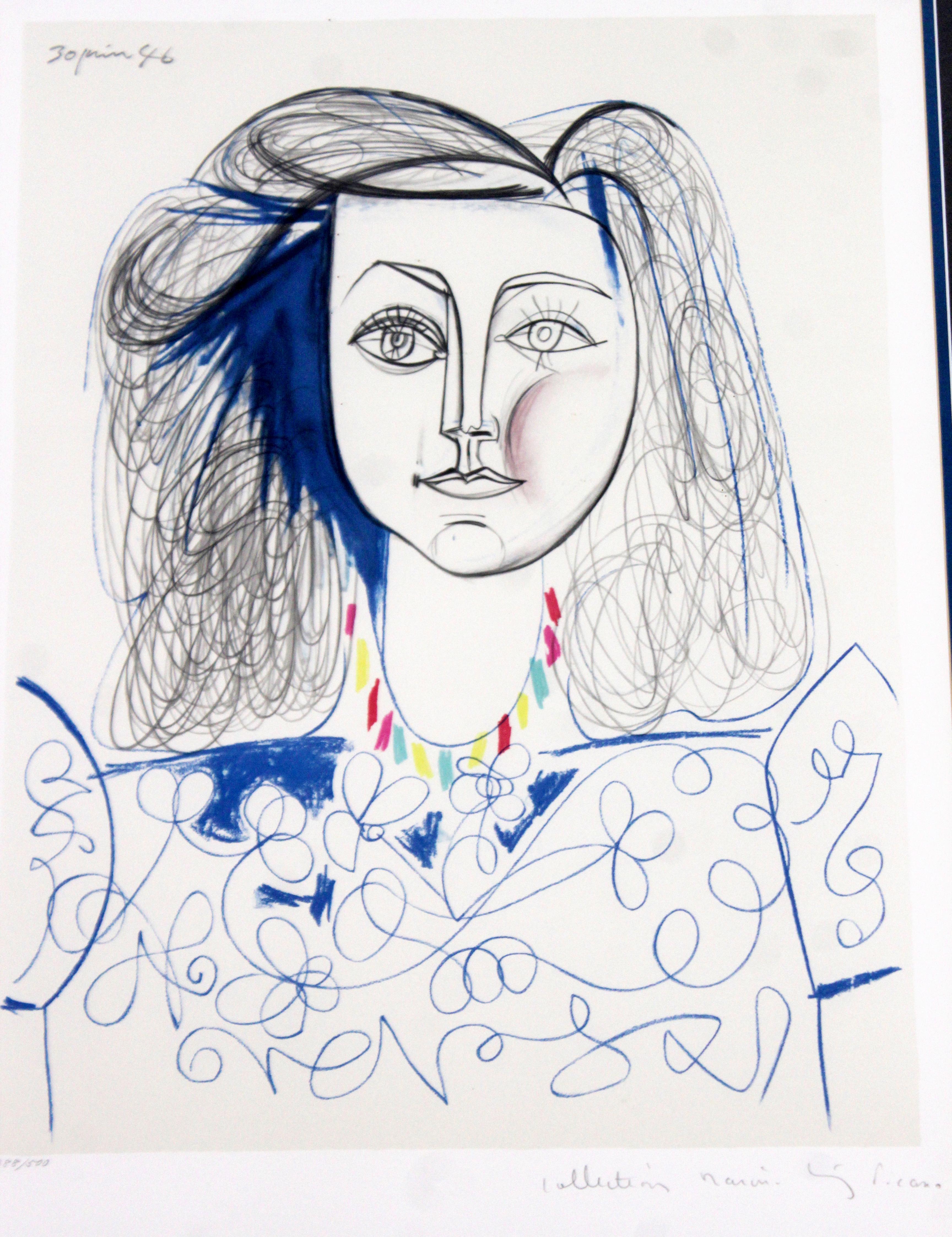 For your consideration is an extraordinarily rare lithograph, from the series Portrait de Femme estate, signed by Marina Picasso in silver frame. This image is extremely hard to find-work approved by the heirs of Picasso. Pablo Picasso is best known