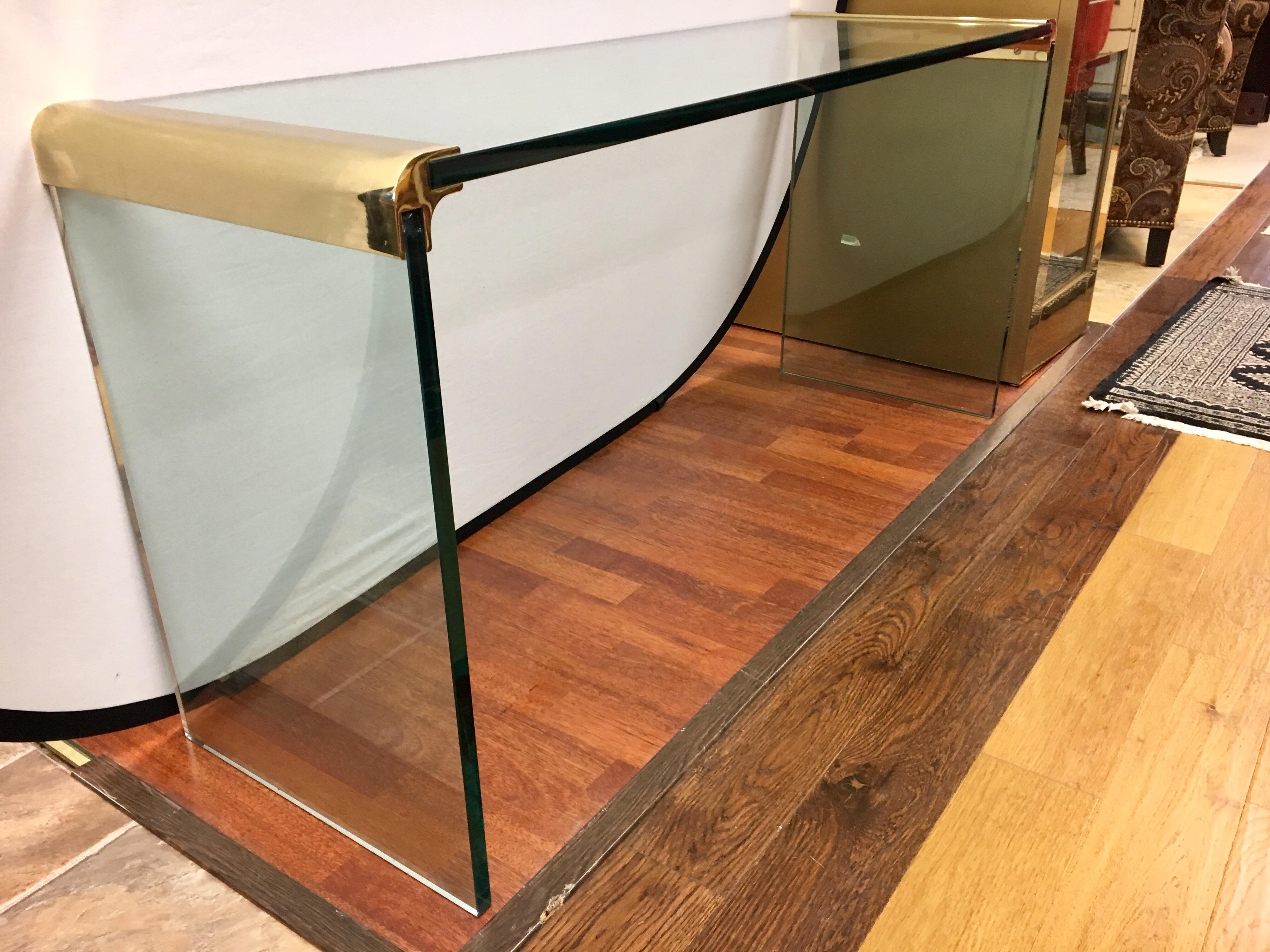 Mid-Century Pace Collection Brass and Glass Console Waterfall Table In Good Condition In West Hartford, CT