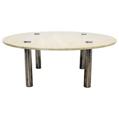 Mid-Century Modern Pace Style Round Faux Travertine & Chrome Coffee Table, 1970s