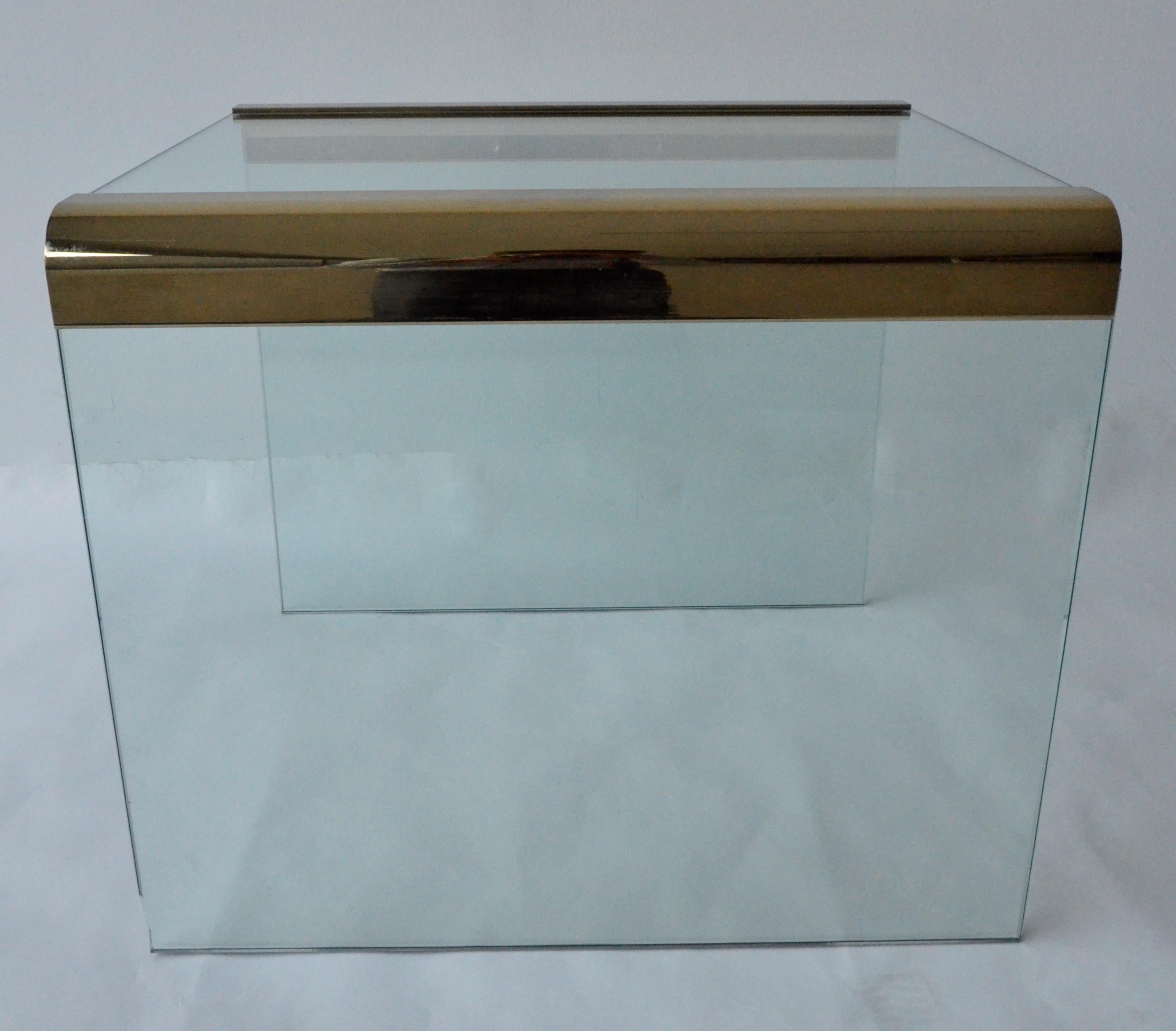 American Pace Waterfall 3 Sided Glass Sheet Held by Brass Bars End or Side Table For Sale
