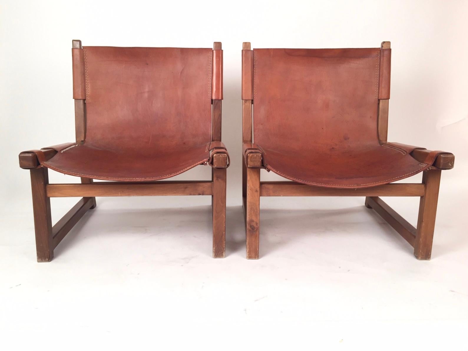 Spanish Mid-Century Modern Paco Muñoz Hunting Chairs, Walnut and Leather