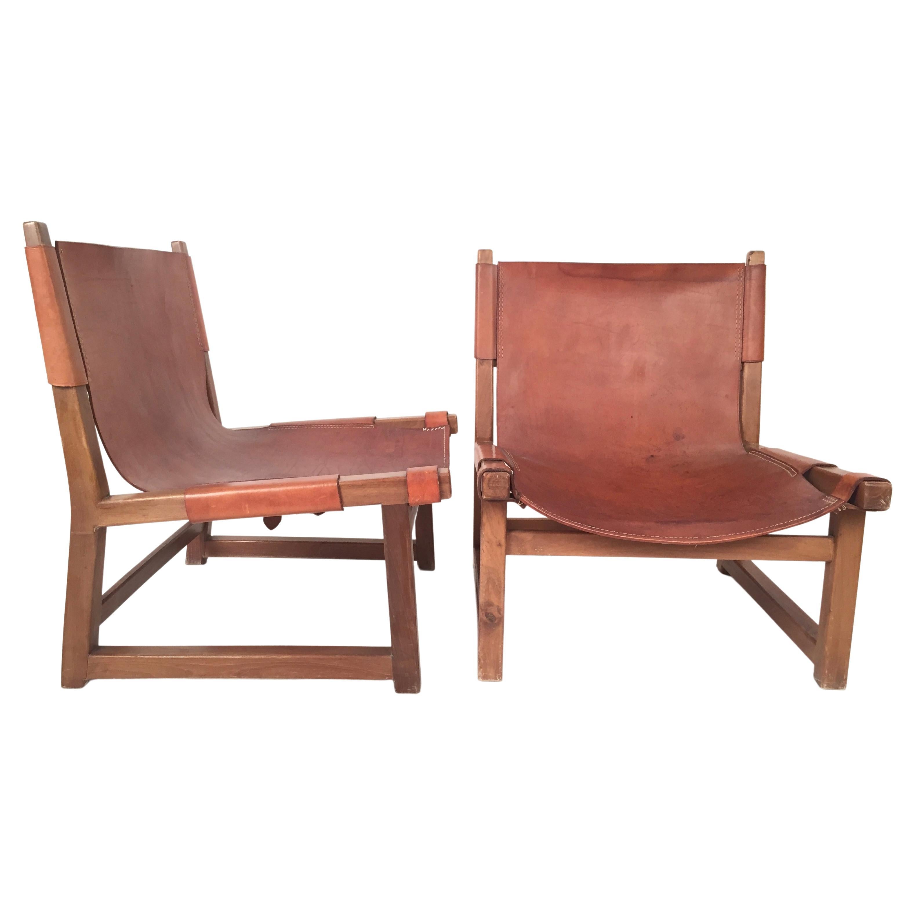 Mid-Century Modern Paco Muñoz Hunting Chairs, Walnut and Leather