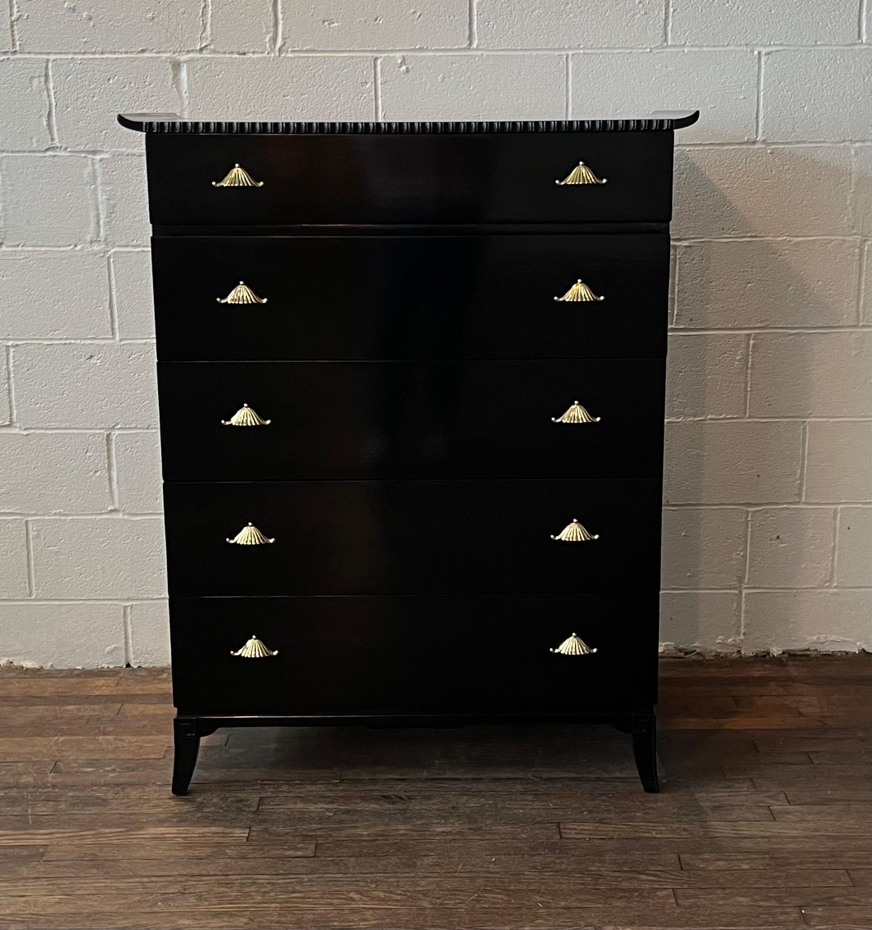 Very classy tall chest of drawers by Rway furniture company. Refinished in high gloss lacquer as well as re-plated pagoda pulls. Has a slight Asian twist to mid century modern feel very solid and well built. James Mont styling with pagoda detailing,