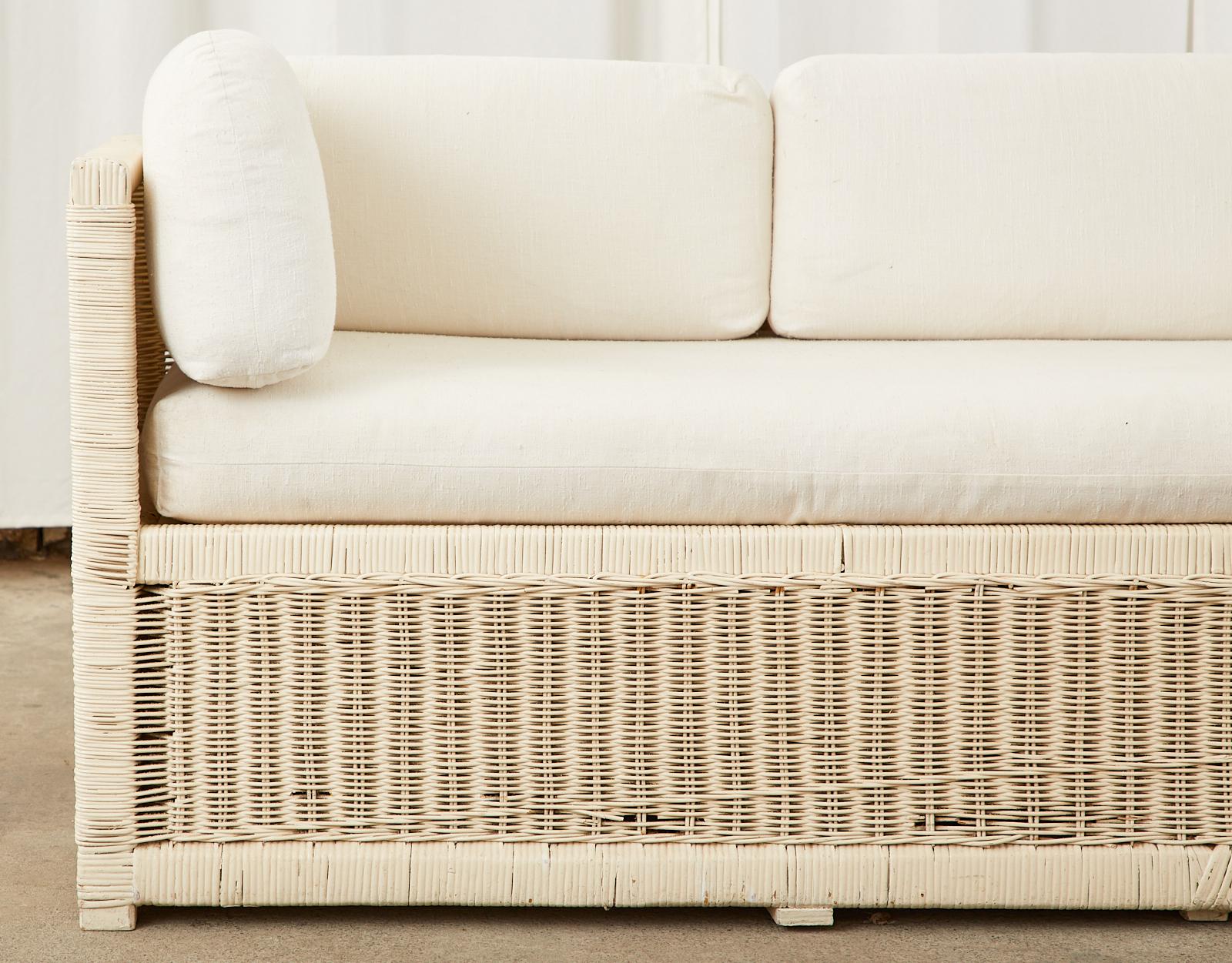 Mid-Century Modern Painted Wicker Rattan Case Sofa Settee 10