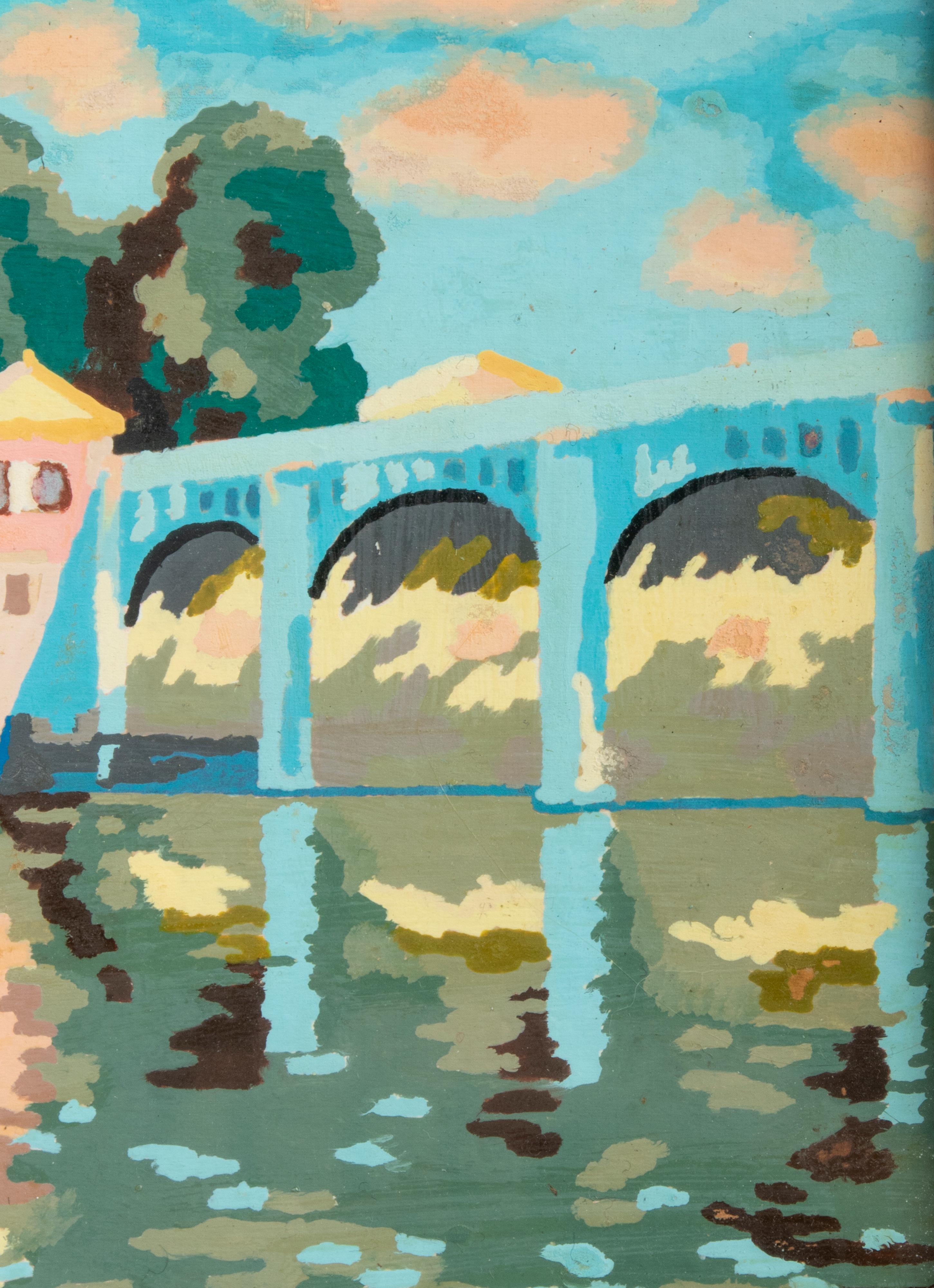Peinture acrylique sur papier moderne du milieu du siècle dernier représentant un voilier avec un aqueduc en vente 2