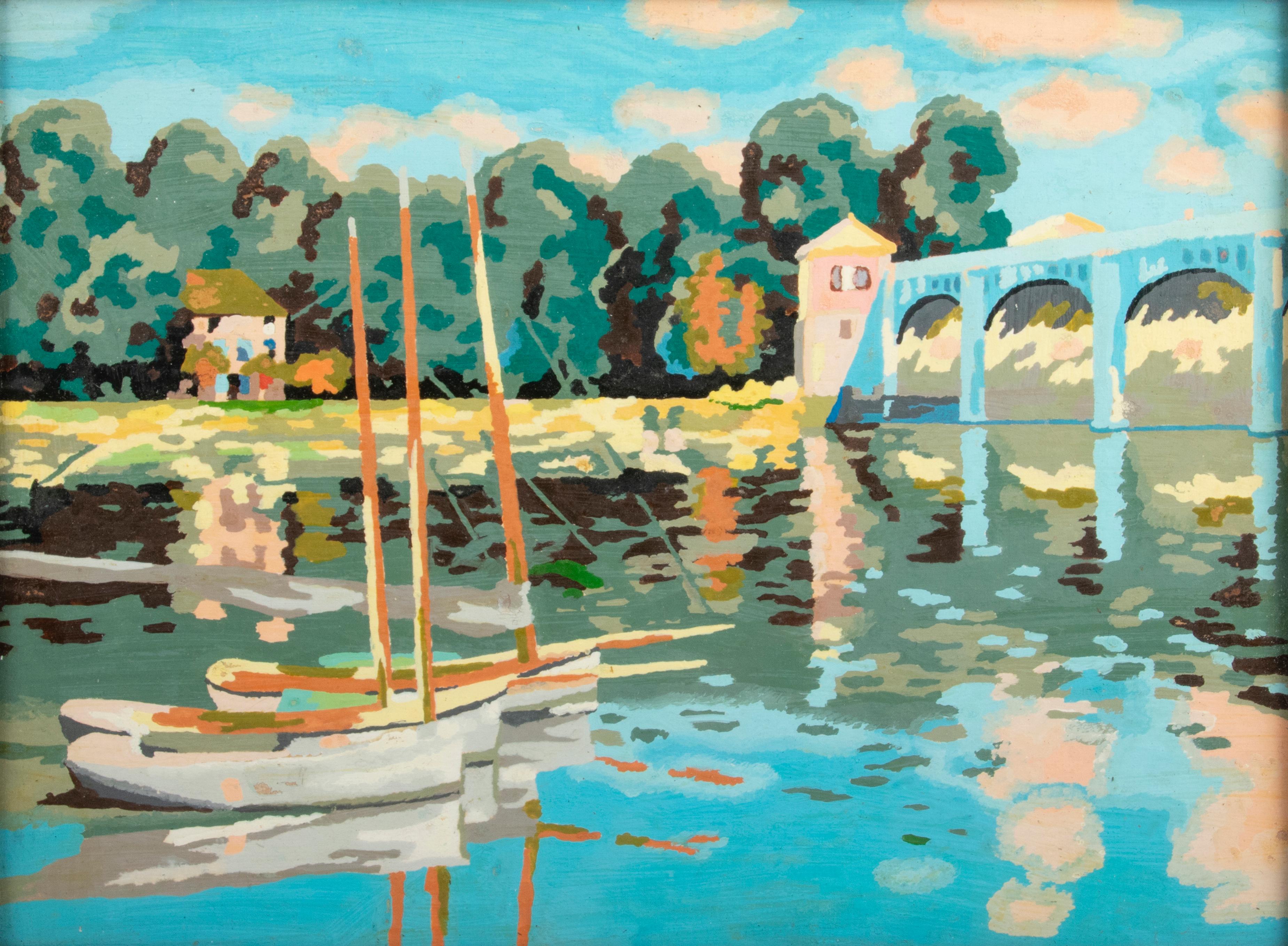 Very colorful painting of a water landscape with small sailing boats and trees in the background. The painting is not signed. The painting stands out because of its great use of color. Based on the landscape, with the aqueduct in the background, it