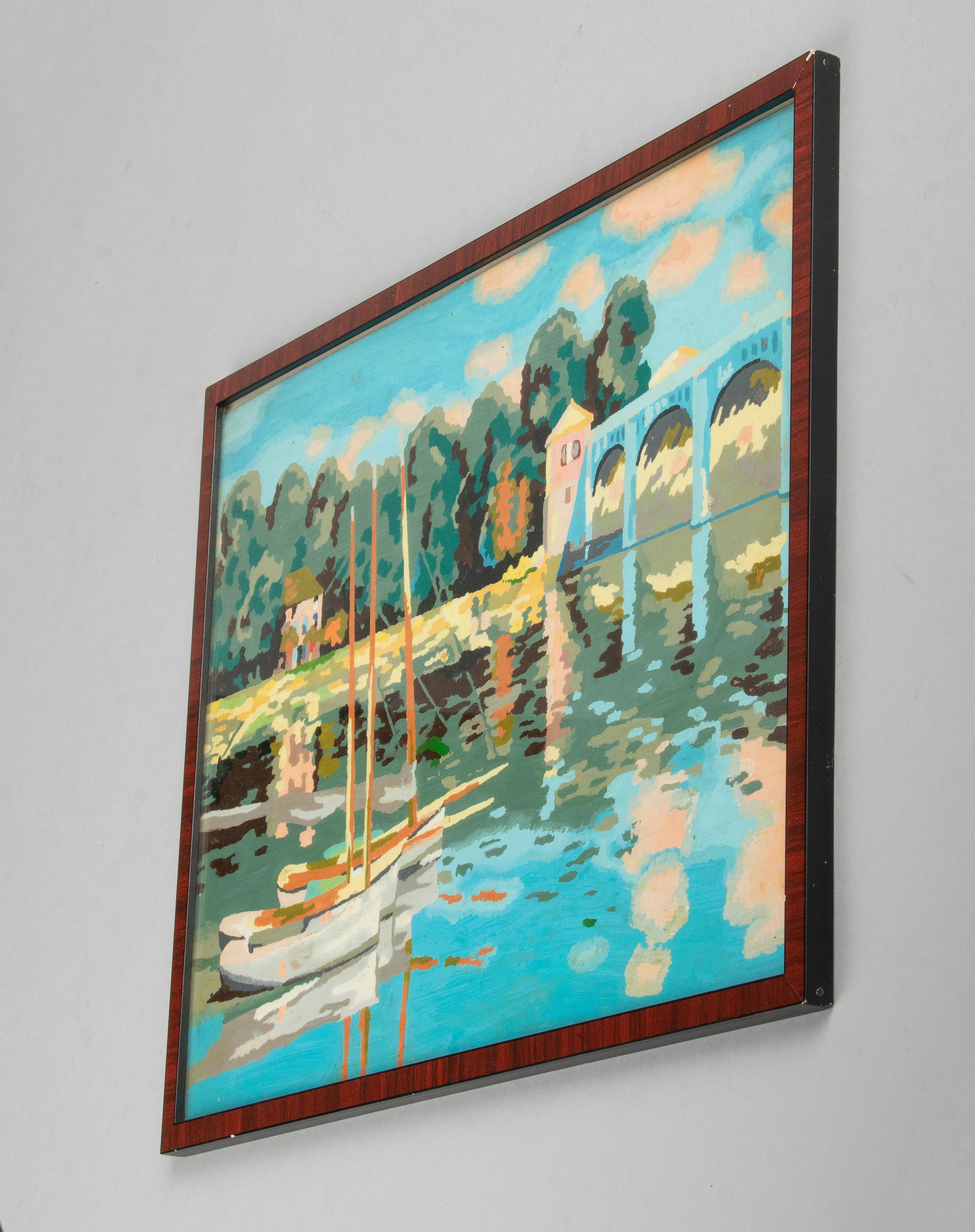 Mid-Century Modern Painting Acrylic on Paper Sailboat with Aqueduct In Good Condition For Sale In Casteren, Noord-Brabant
