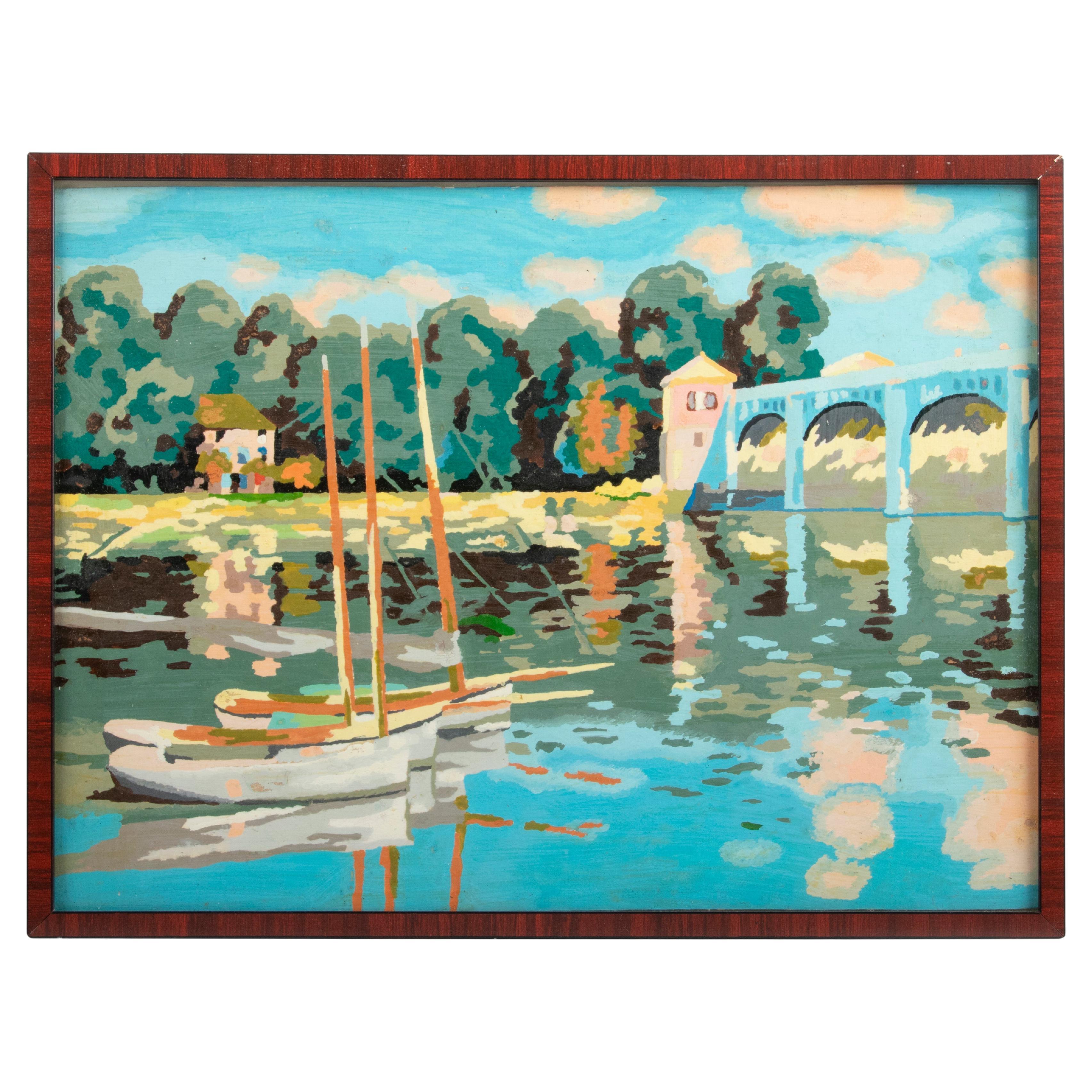 Mid-Century Modern Painting Acrylic on Paper Sailboat with Aqueduct