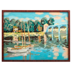 Mid-Century Modern Painting Acrylic on Paper Sailboat with Aqueduct