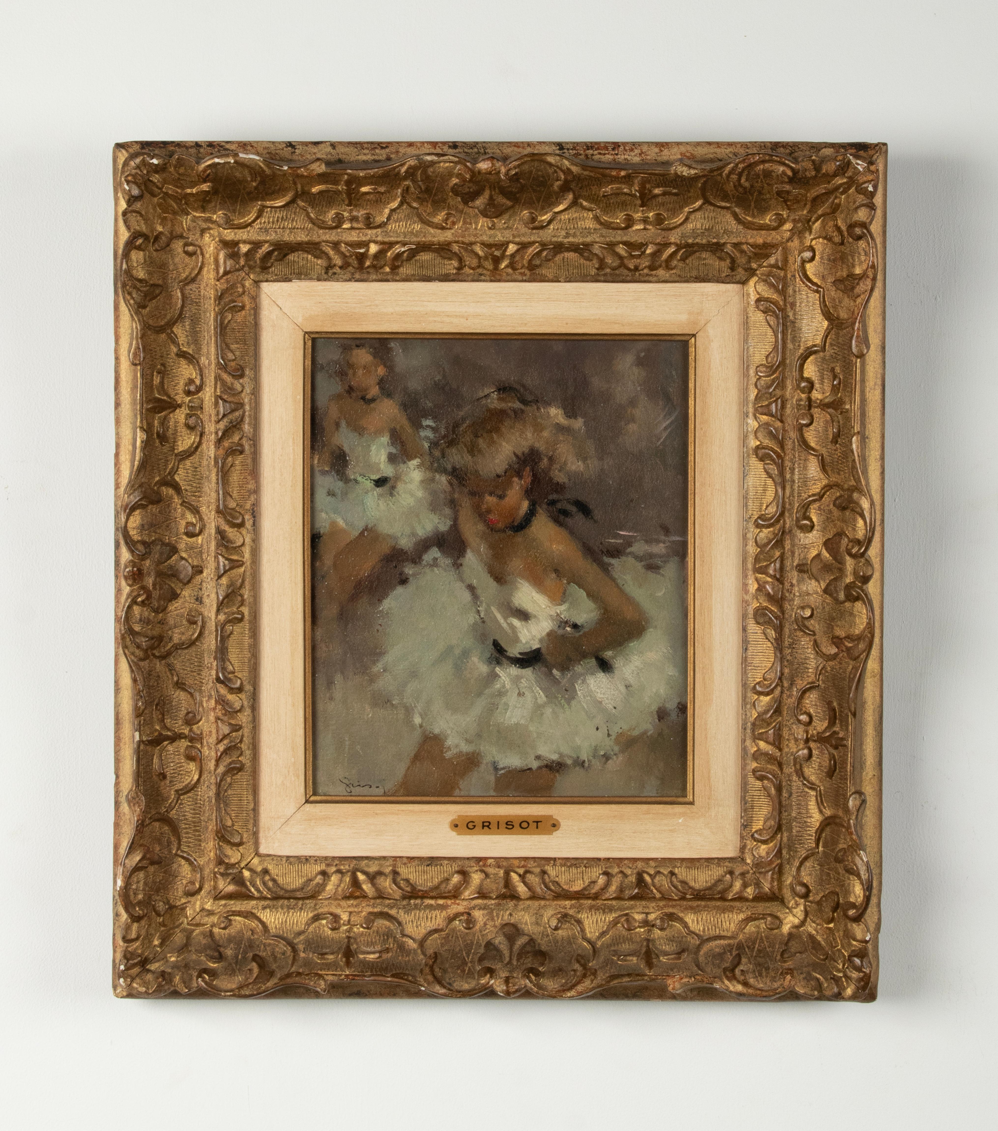 Une belle peinture vintage d'une danseuse de ballet, réalisée par l'artiste français Pierre Grisot. 
Peinture à l'huile sur panneau dur, encadrée dans un cadre classique. 
Dimensions du cadre : 47 x 42 cm
Dimensions peinture : 25 x 20 cm
Expédition