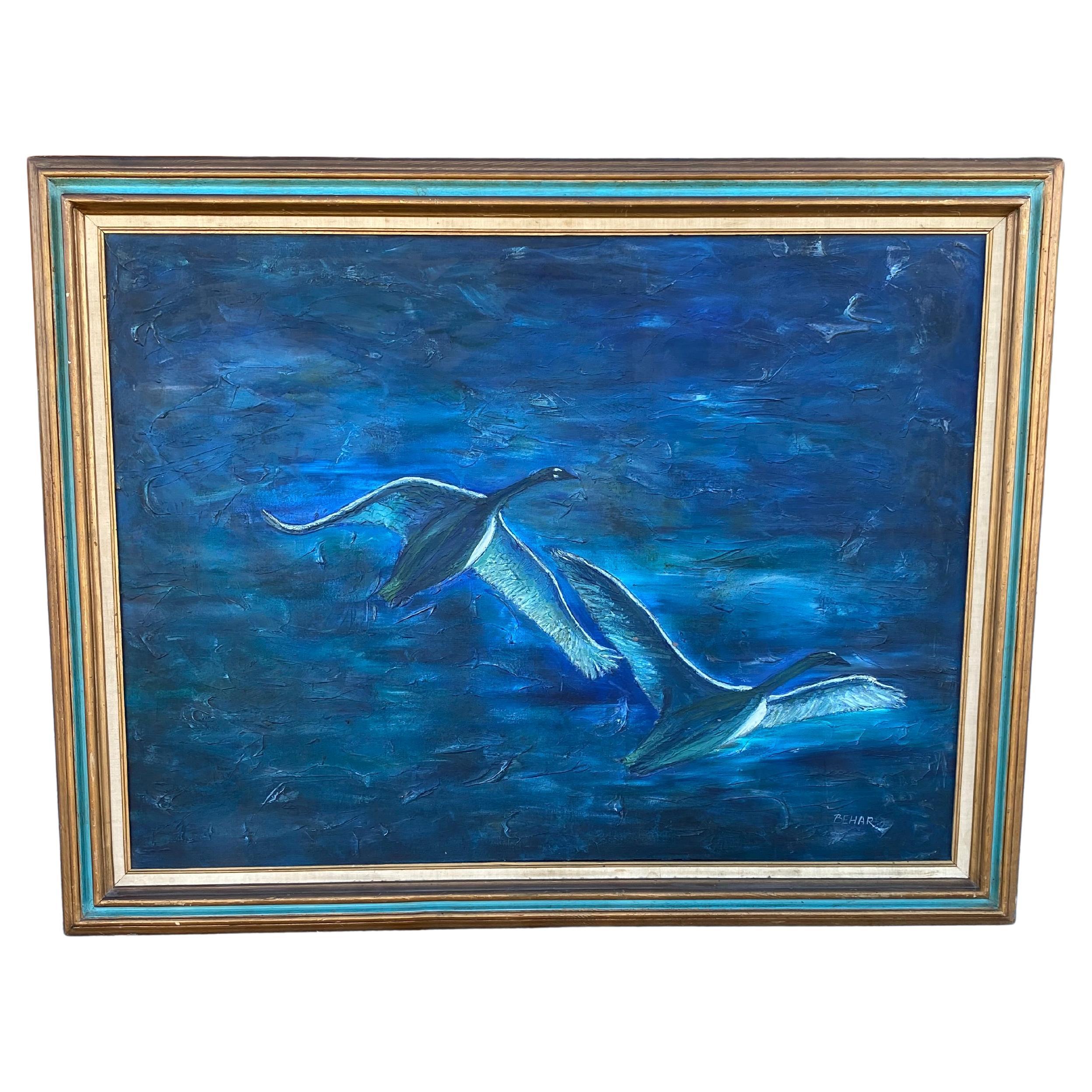 Peinture moderne du milieu du siècle de Behar - Oies en vol en vente