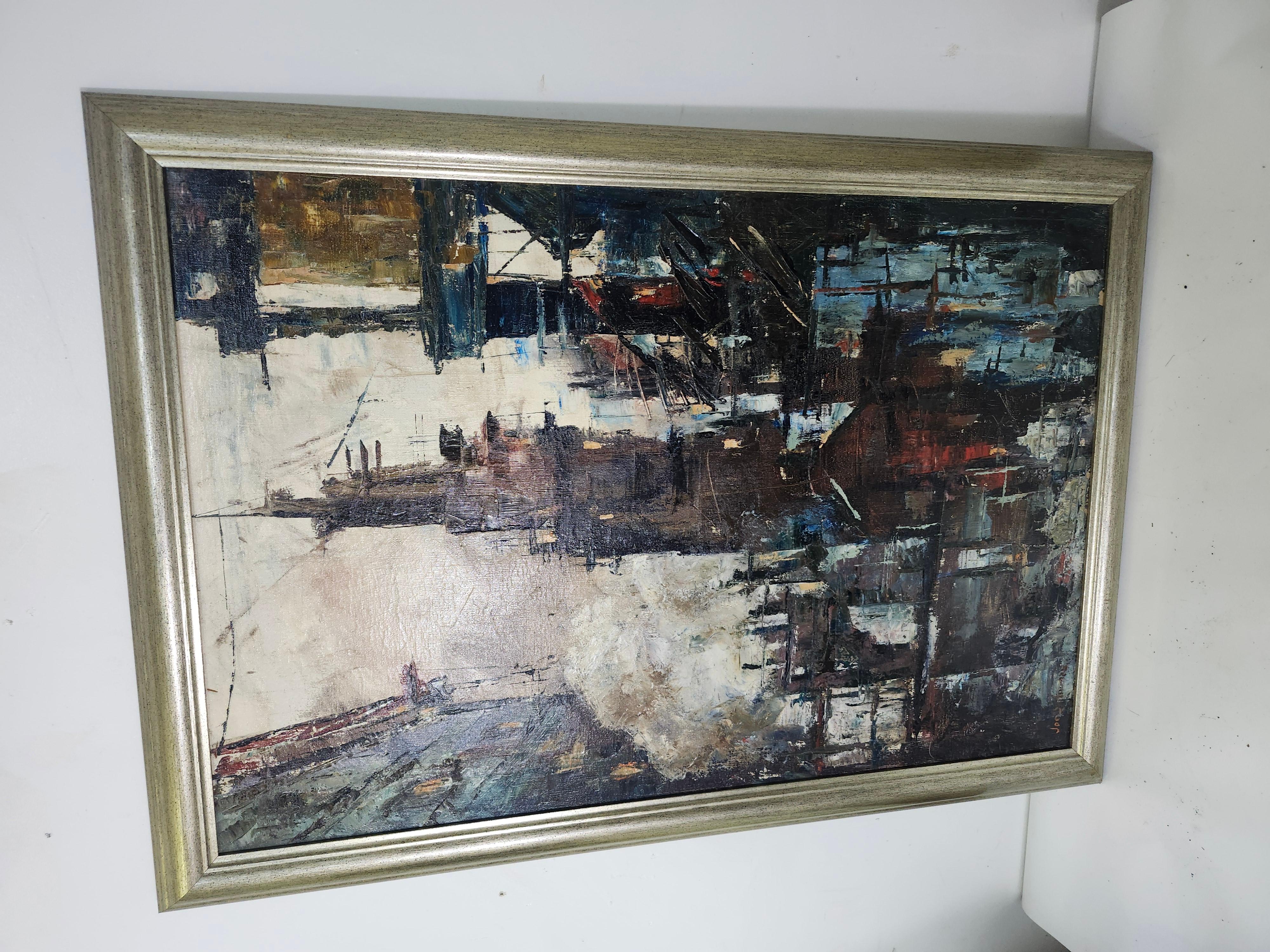Mid Century Modern Painting City of Industry C1970 by Joe DeThomas (Handbemalt) im Angebot