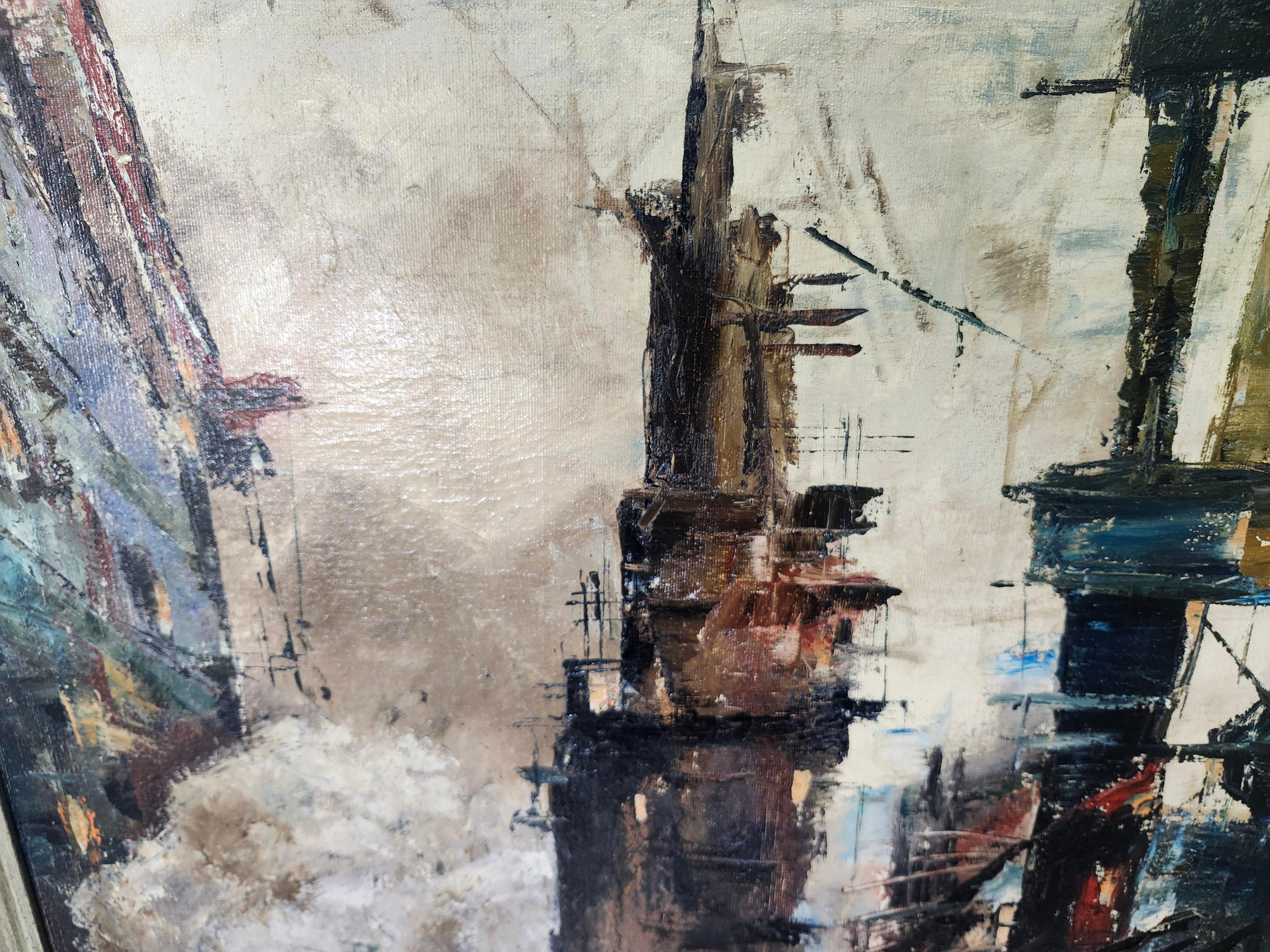 Mid Century Modern Painting City of Industry C1970 by Joe DeThomas im Zustand „Gut“ im Angebot in Port Jervis, NY