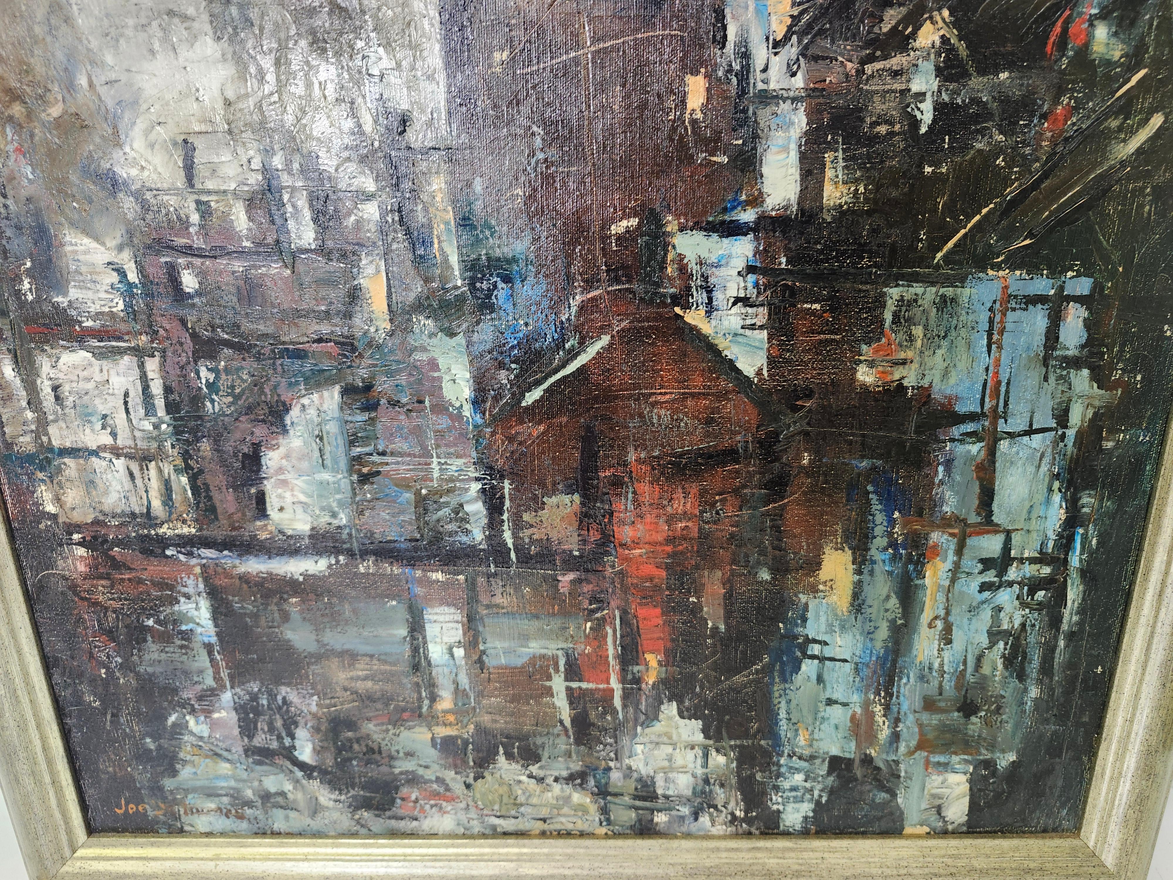Mid Century Modern Painting City of Industry C1970 by Joe DeThomas (Ende des 20. Jahrhunderts) im Angebot