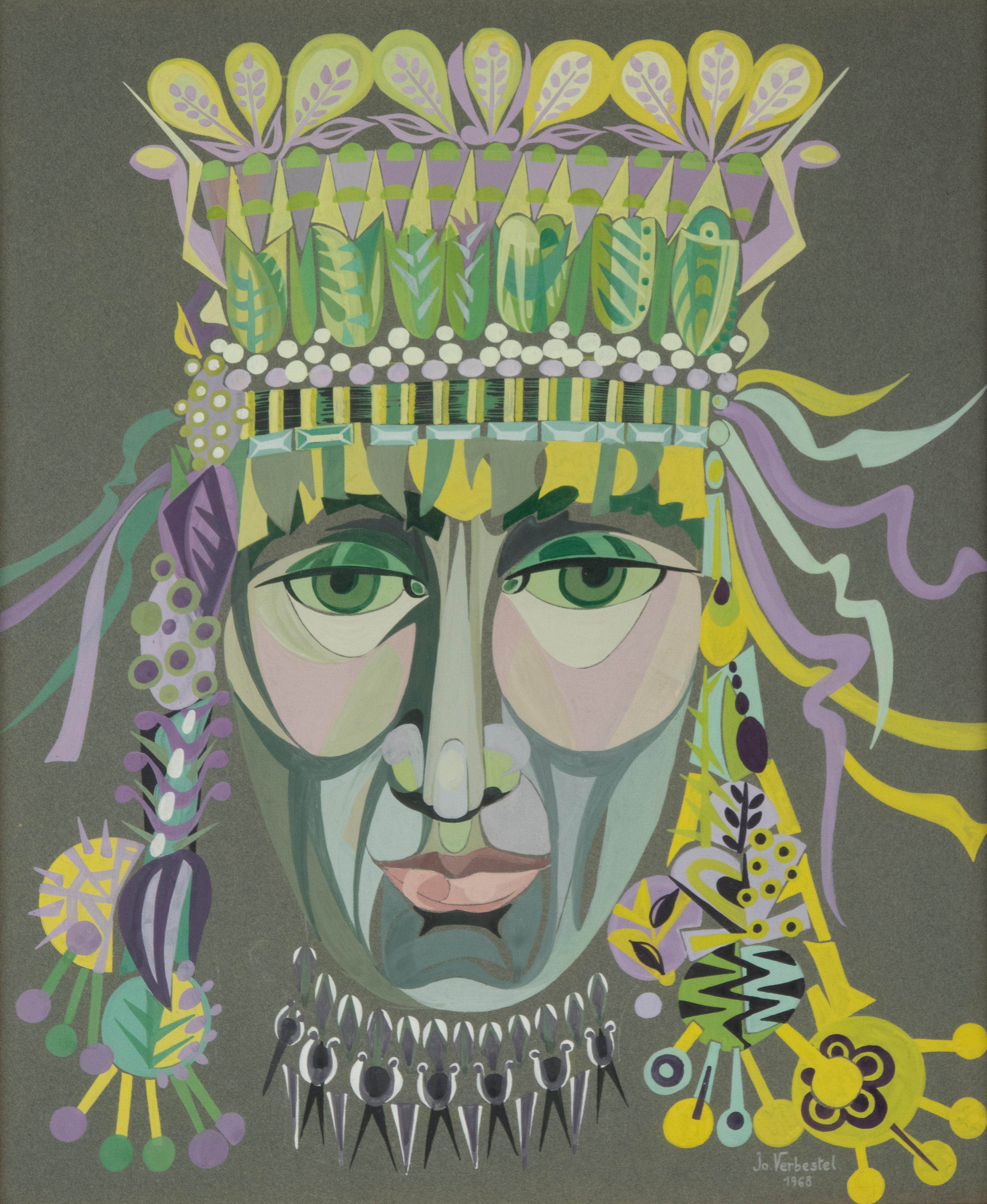 Beautiful work of art, gouache on paper, by the Belgian female artist Jo Verbestel. It is a portrait of a mythical figure / fantasy figure, in a somewhat psychedelic style. The painting is dated 1968 and also fits well with the zeitgeist. The