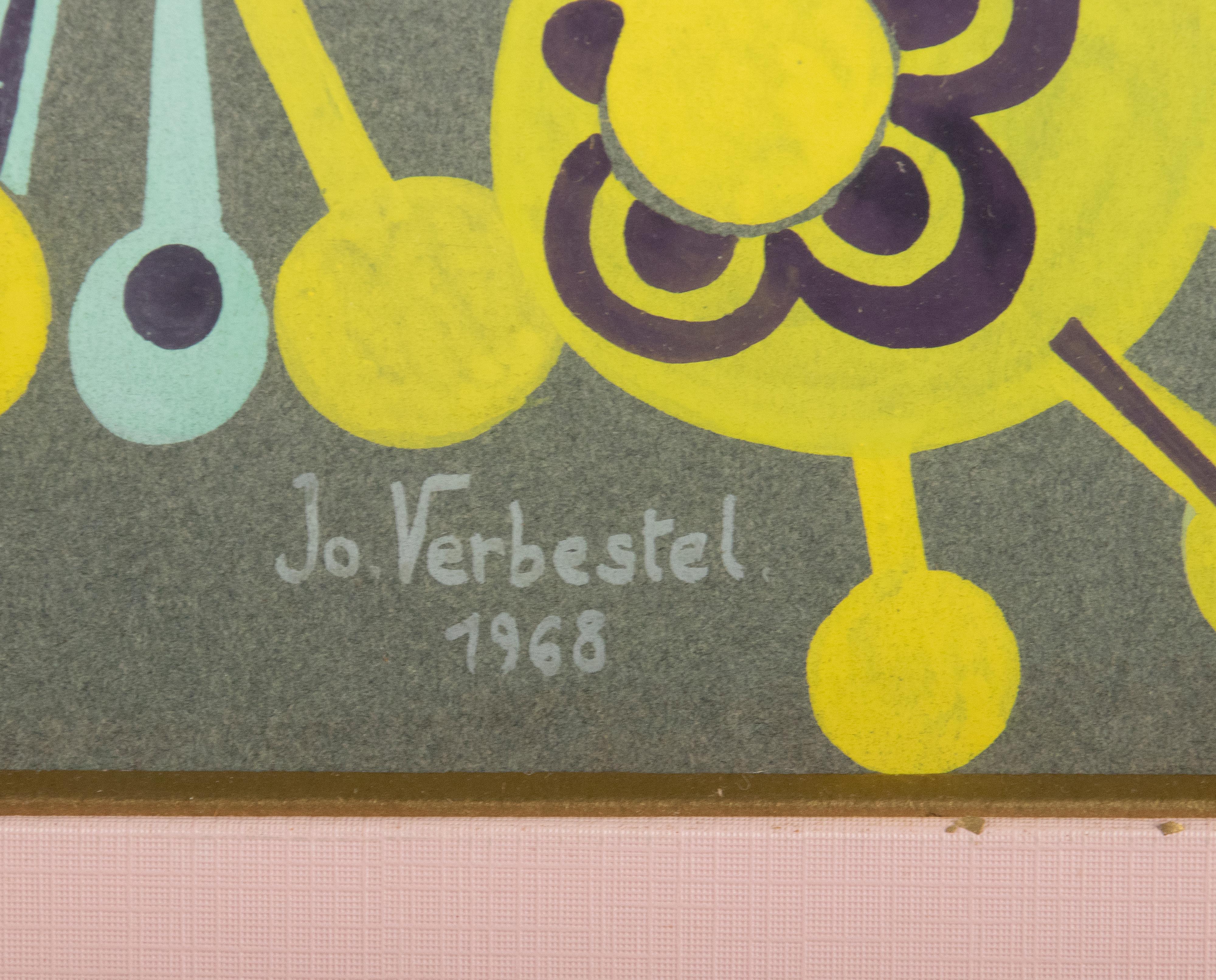 Hand-Painted Mid-Century Modern Painting, Goauche on Paper, Signed Jo Verbestel Dated 1968 For Sale