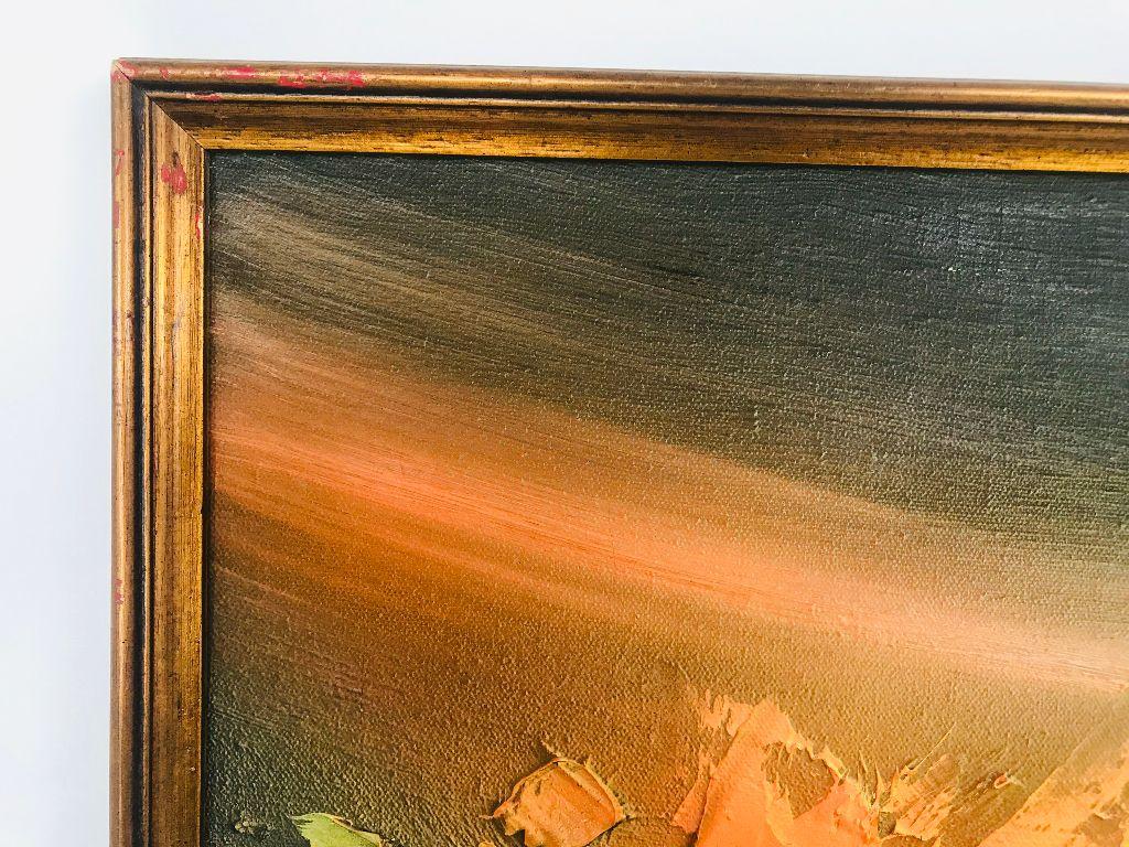 Dramatic impressionist abstract painting by Norwegian artist Ivar Bruun (1929-2003) who painted in the US and Norway. Pure midcentury in color and form with strong brush stokes creating a wave with heavy impasto. Site measures 12 x 24 inches. Frame