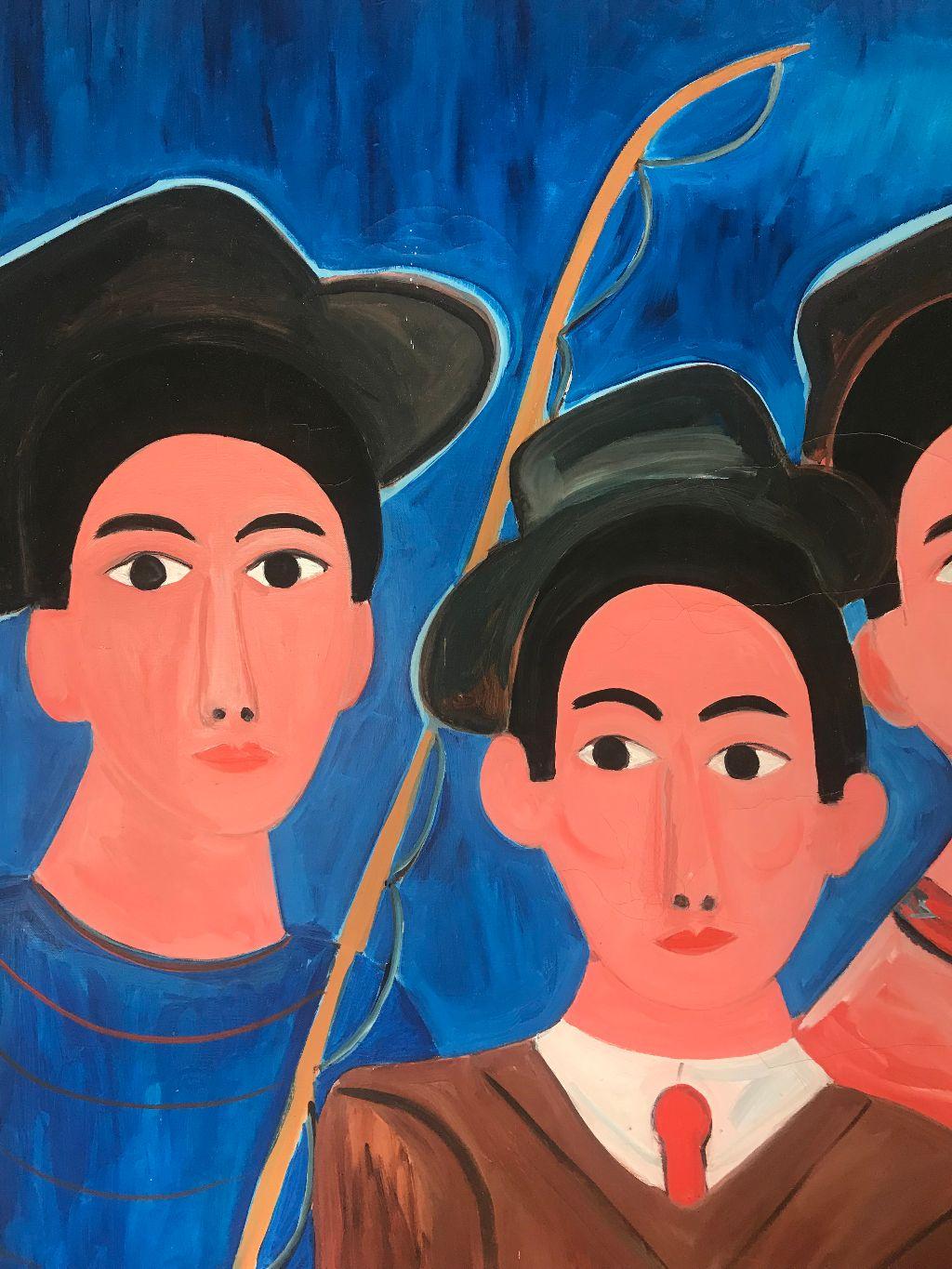 Bold naive figurative painting by New York School artist Kenneth Kilstrom (1922-1995). Painting depicts what appears to be 3 young jewish men preparing to go fishing. They are carrying their fishing rods and fruit and are accompanied by a black