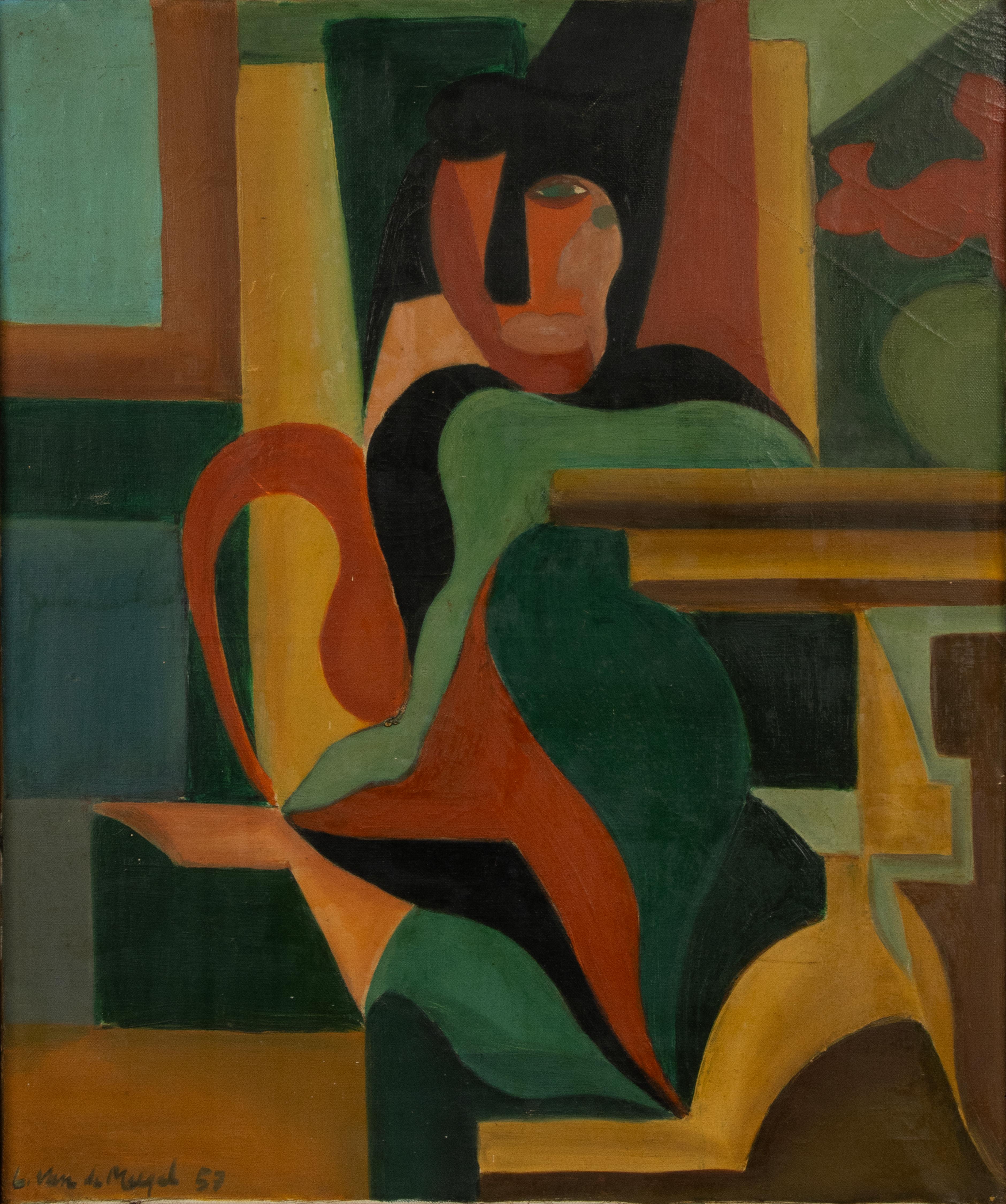 A beautiful modernist painting, an abstract interior representation of a lady at a side table. Oil paint on canvas.
The painting is signed and dated: Louis van Mergel 1957.
He is a Belgian painter, but there is hardly any information available about