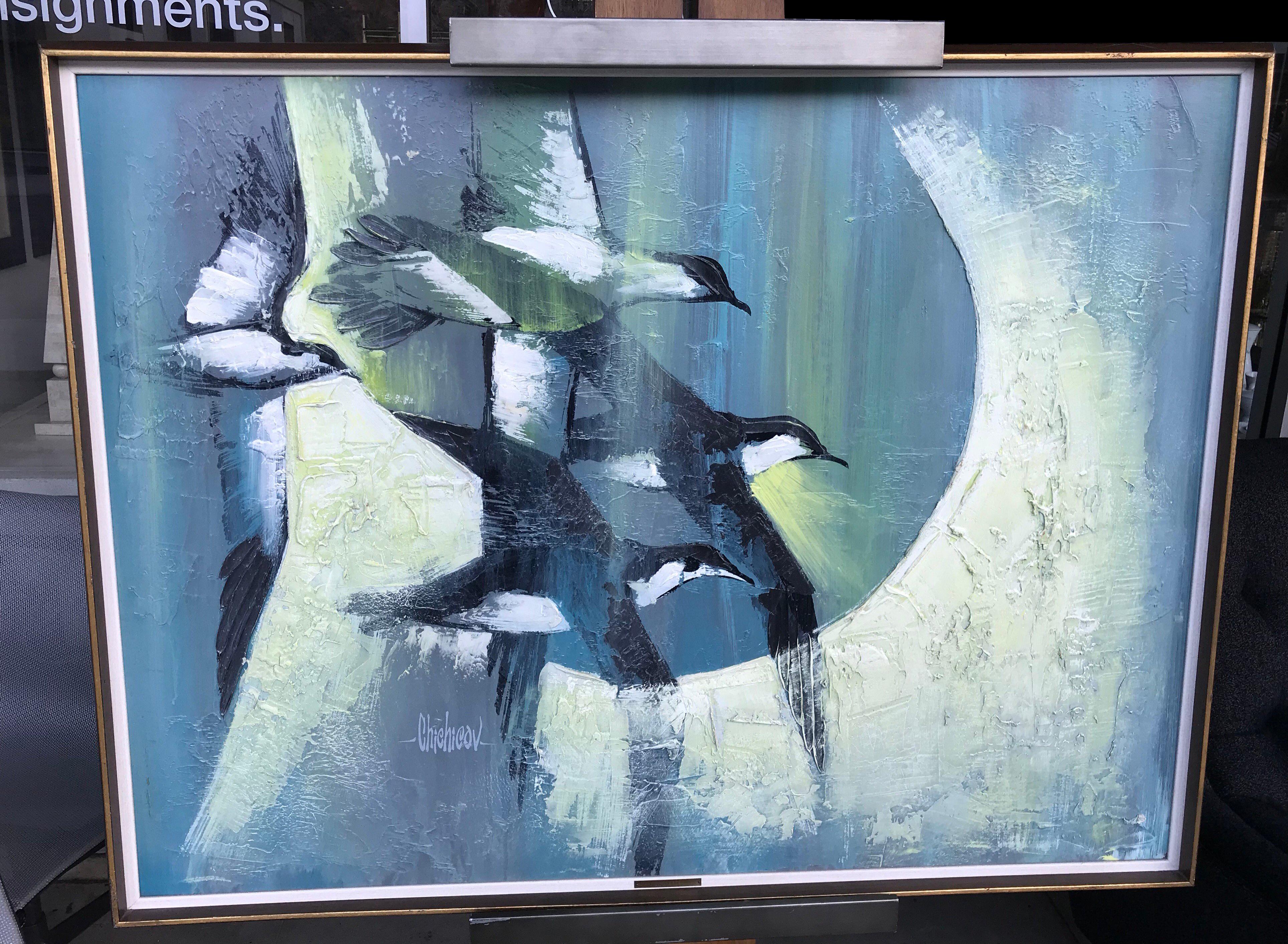 A midcentury original oil on board of geese in air by listed Romanian midcentury painter Chichicov. Beautiful blue and green colorations with original walnut frame. Titled on brass plaque. 