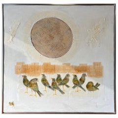 Mid-Century Modern Painting of Sun and Birds by Korean Artist Kyung Kim