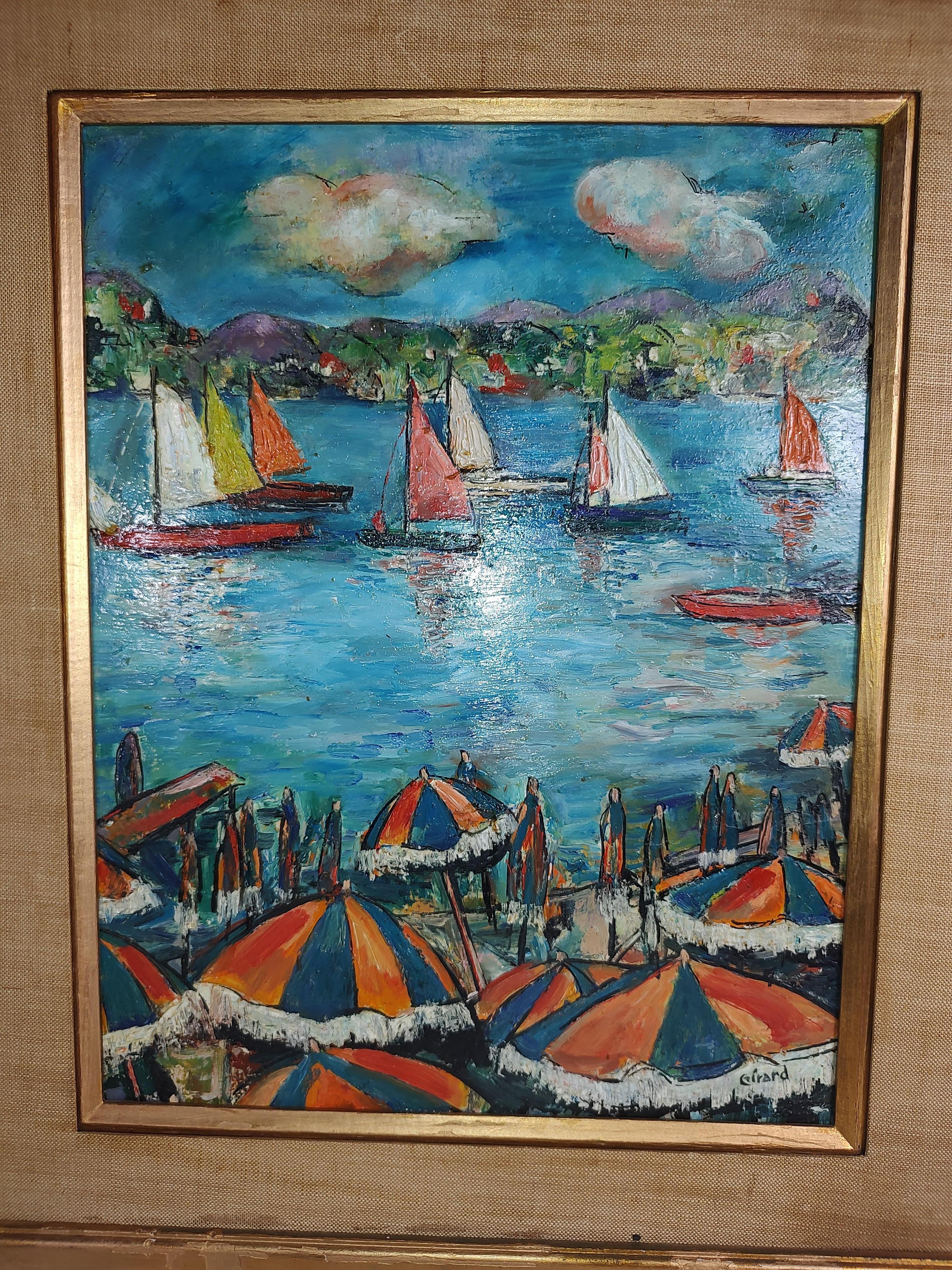 Hardwood Mid-Century Modern Impressionist Painting of the Riviera by S. Girard C1955 For Sale