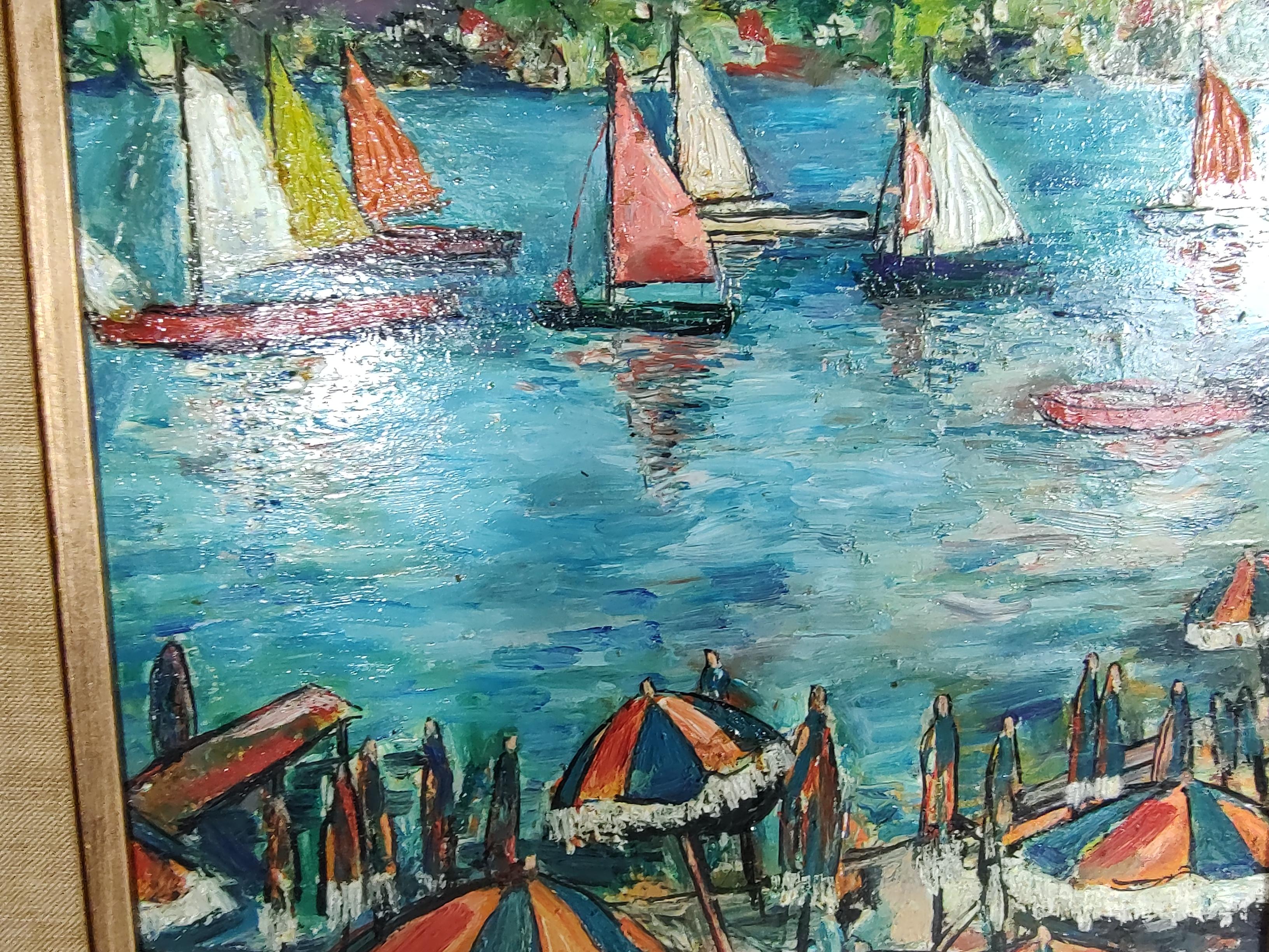 Modernes impressionistisches Gemälde der Riviera aus der Mitte des Jahrhunderts von S. Girard, um 1955 (Handbemalt) im Angebot