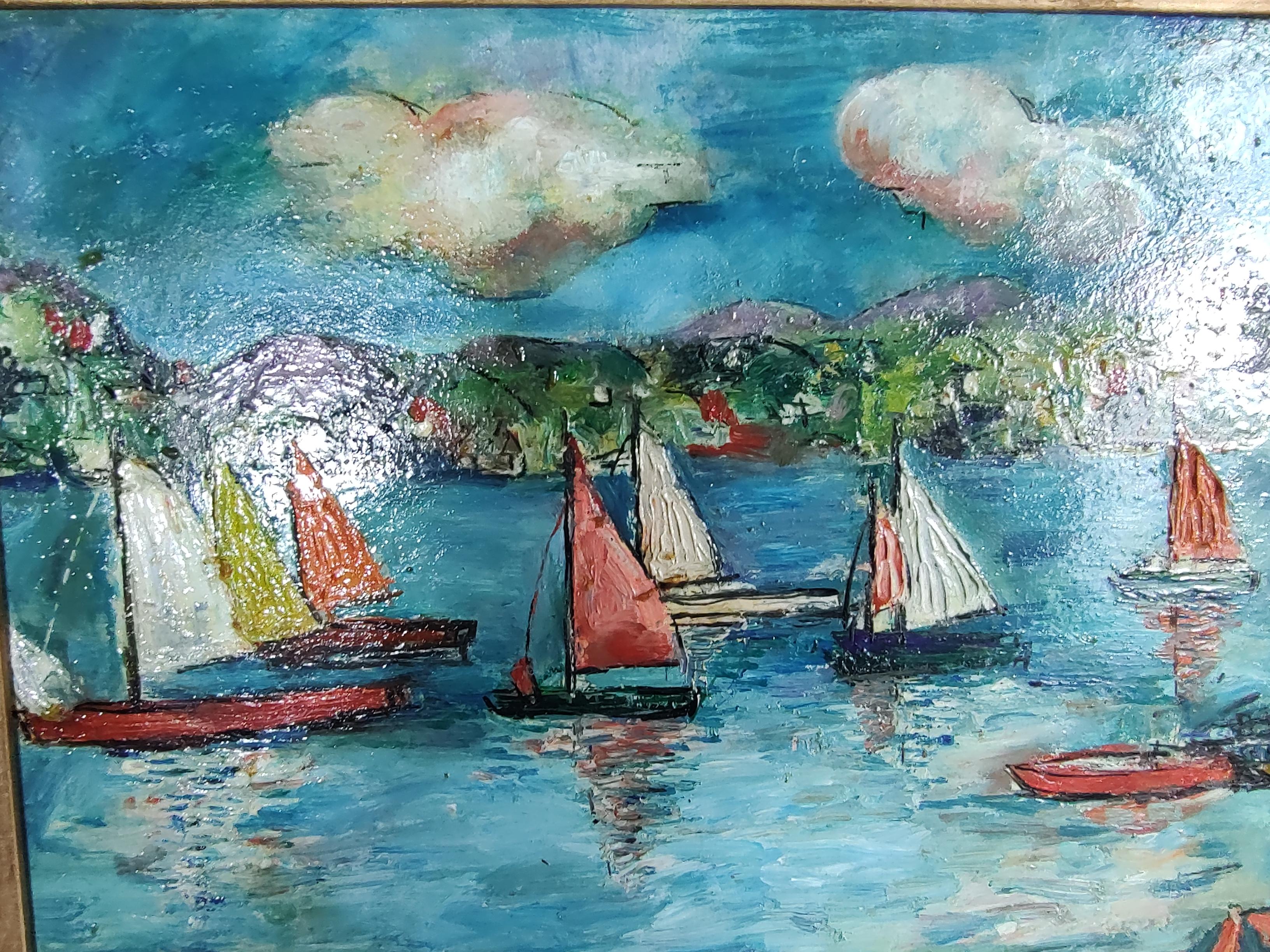Peint à la main Peinture impressionniste moderne du milieu du siècle représentant la Côte d'Azur par S. Girard, vers 1955 en vente