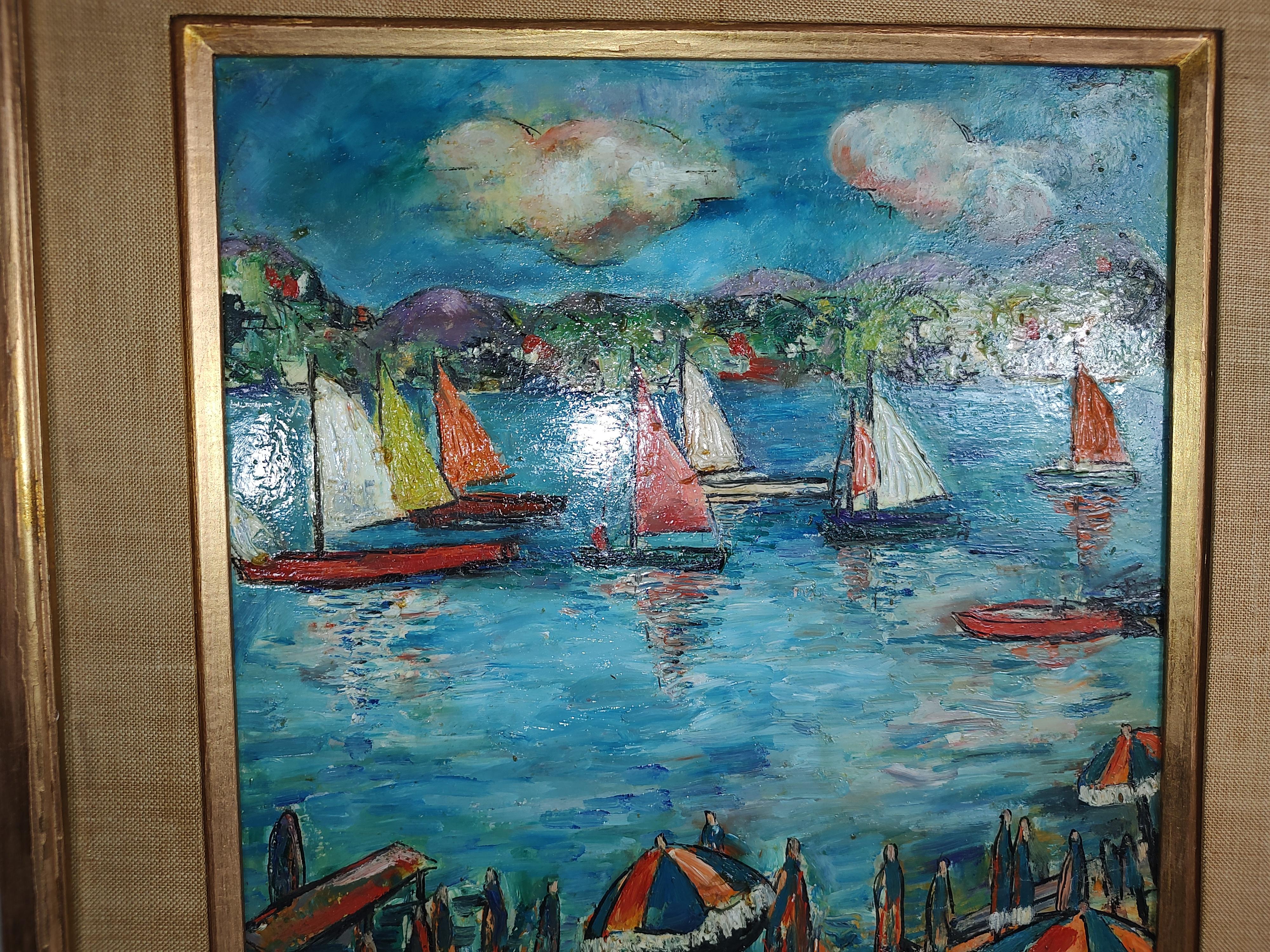 Hand-Painted Mid-Century Modern Impressionist Painting of the Riviera by S. Girard C1955 For Sale
