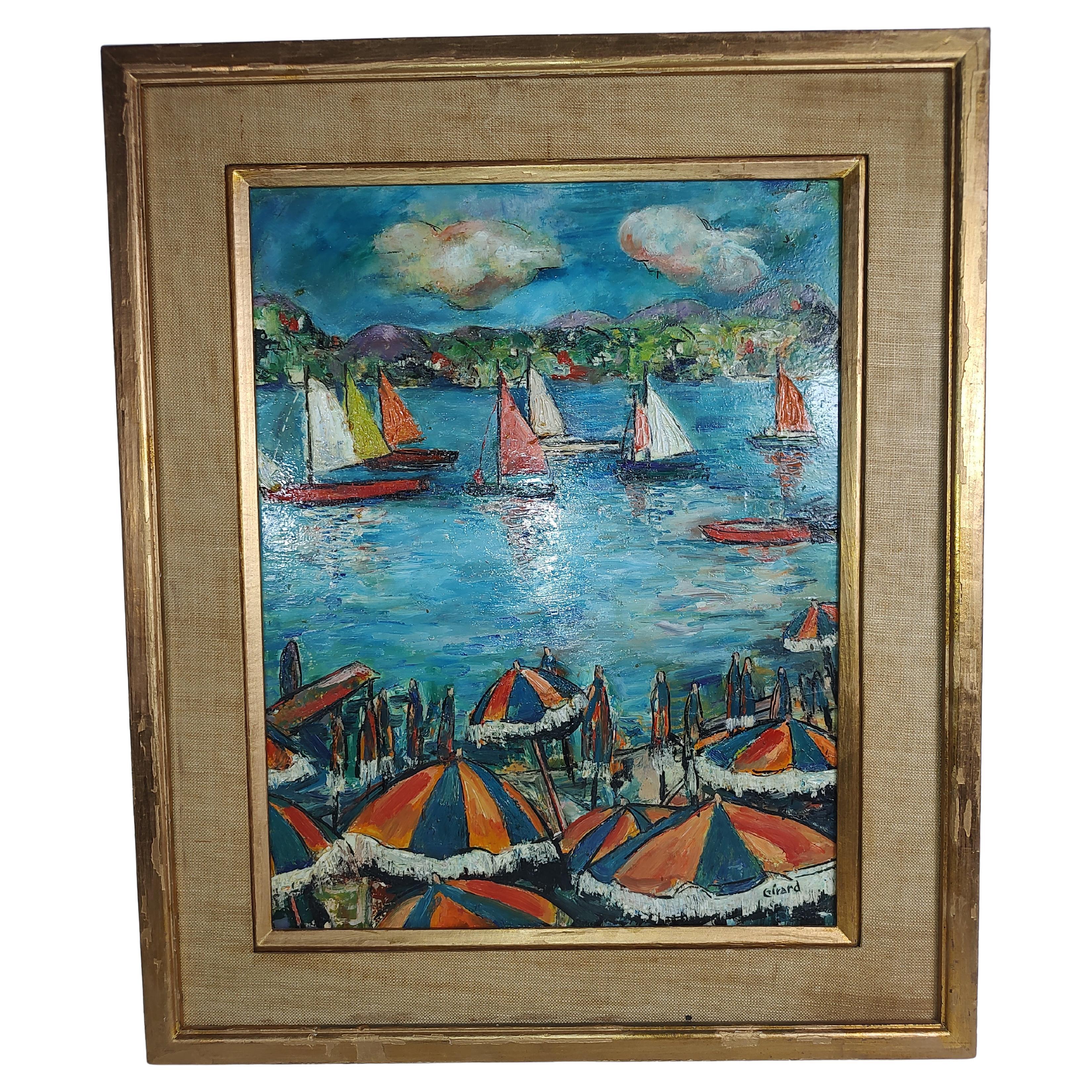 Mid-Century Modern Impressionist Painting of the Riviera by S. Girard C1955