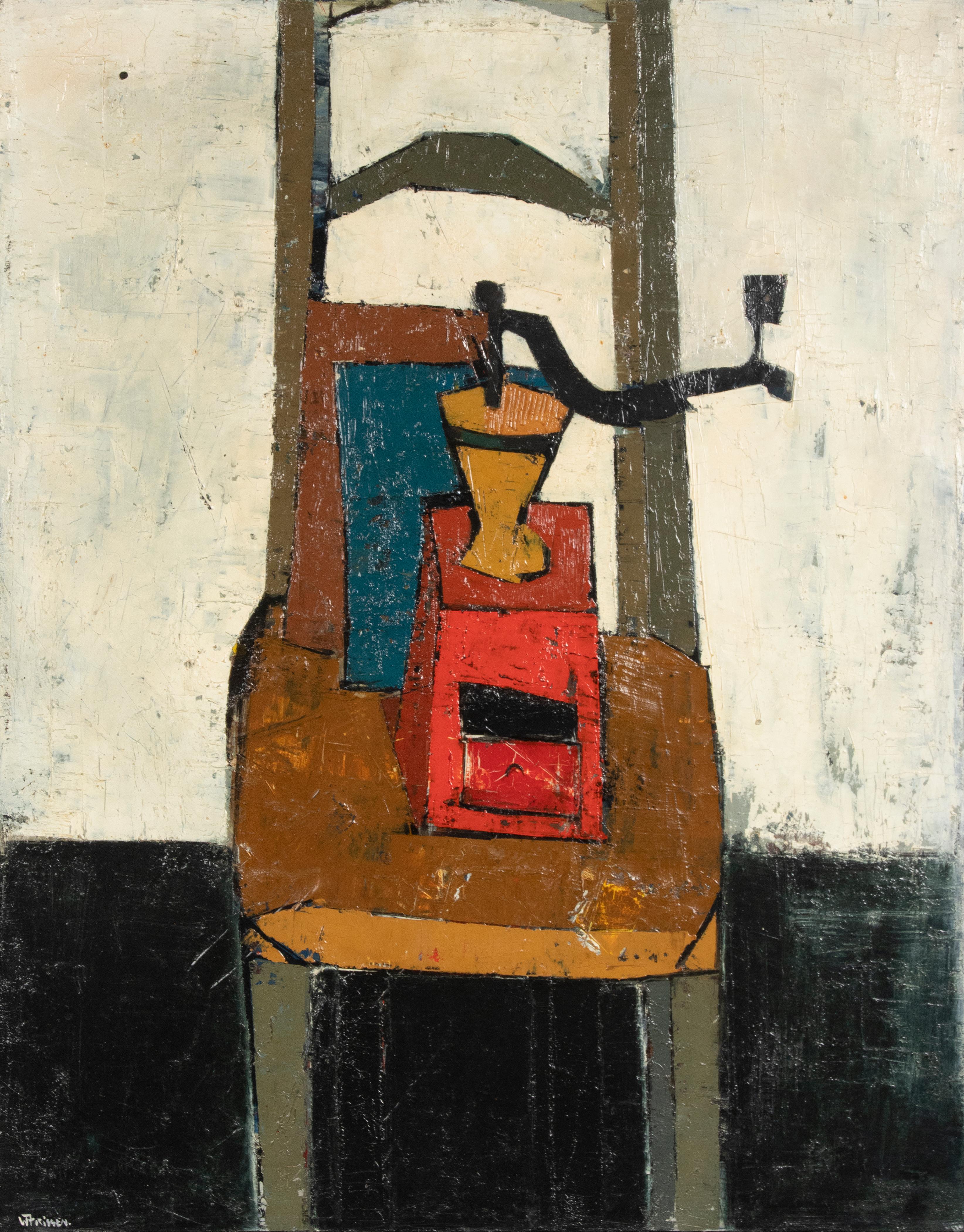 Charming Mid-Century Modern painting by the Belgian artist Willy Frissen. It is a still life with a chair and a coffee grinder against a light background. It's oil paint on canvas. The painting is framed in a simple black wooden frame. The painting