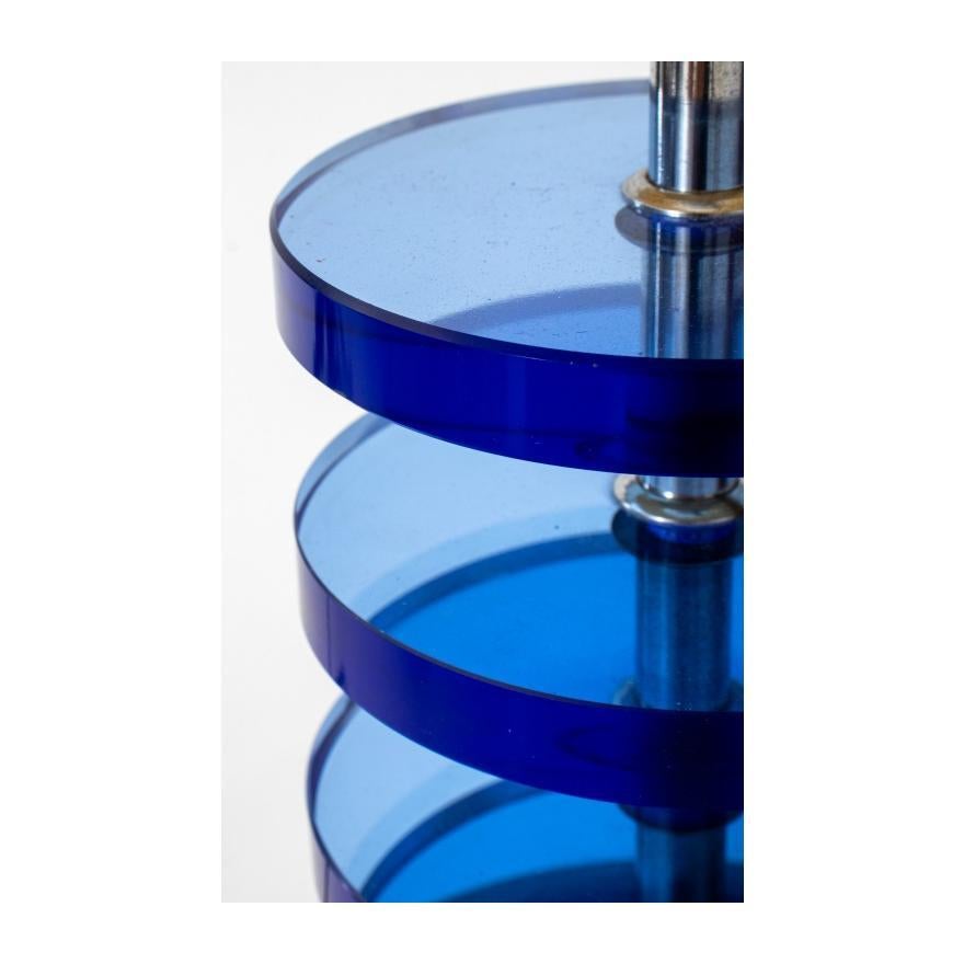 Brass  Mid-Century Modern Pair Art Deco Style Blue Glass Disc Table Lamps For Sale