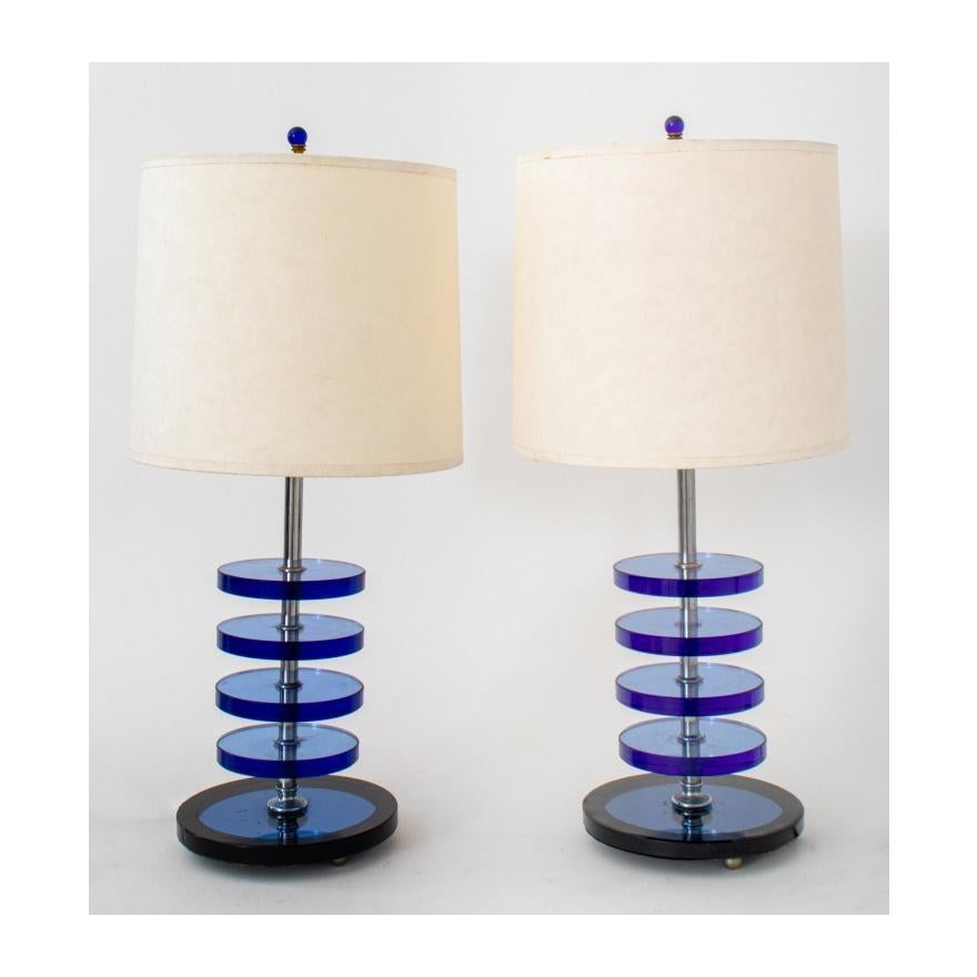  Mid-Century Modern Pair Art Deco Style Blue Glass Disc Table Lamps For Sale 2
