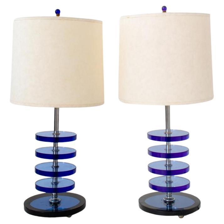  Mid-Century Modern Pair Art Deco Style Blue Glass Disc Table Lamps