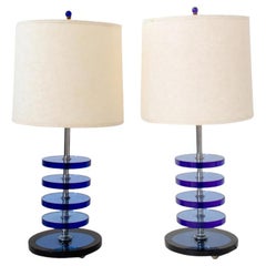 Vintage  Mid-Century Modern Pair Art Deco Style Blue Glass Disc Table Lamps