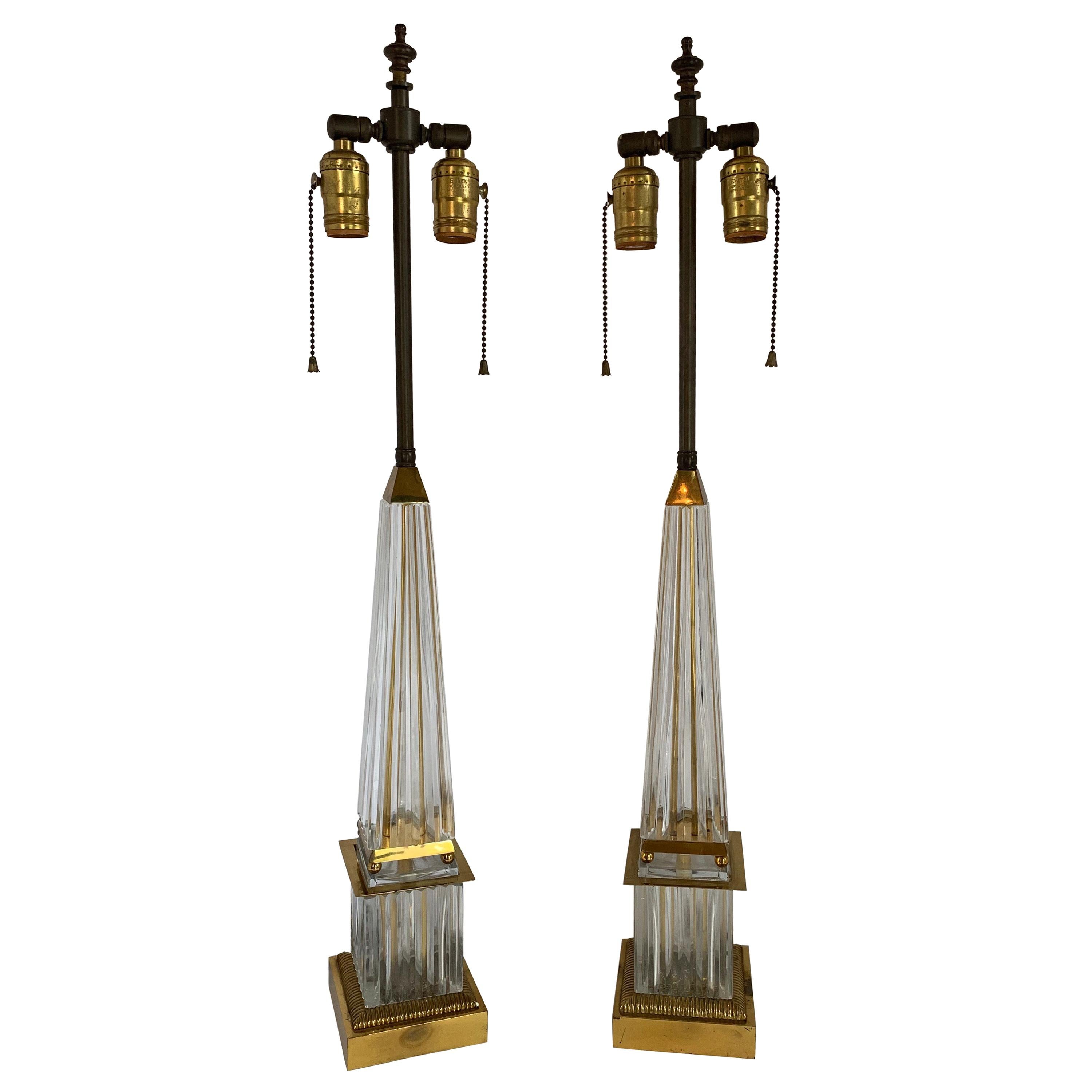Mid-Century Modern Pair of Art Glass Crystal Pyramid Brass Bronze Obelisk Lamps