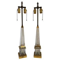 Mid-Century Modern Pair of Art Glass Crystal Pyramid Brass Bronze Obelisk Lamps