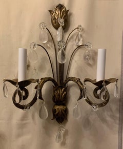 Mid-Century Modern Baguès French Rock Crystal Leaf Flower Crystal Sconces, Pair