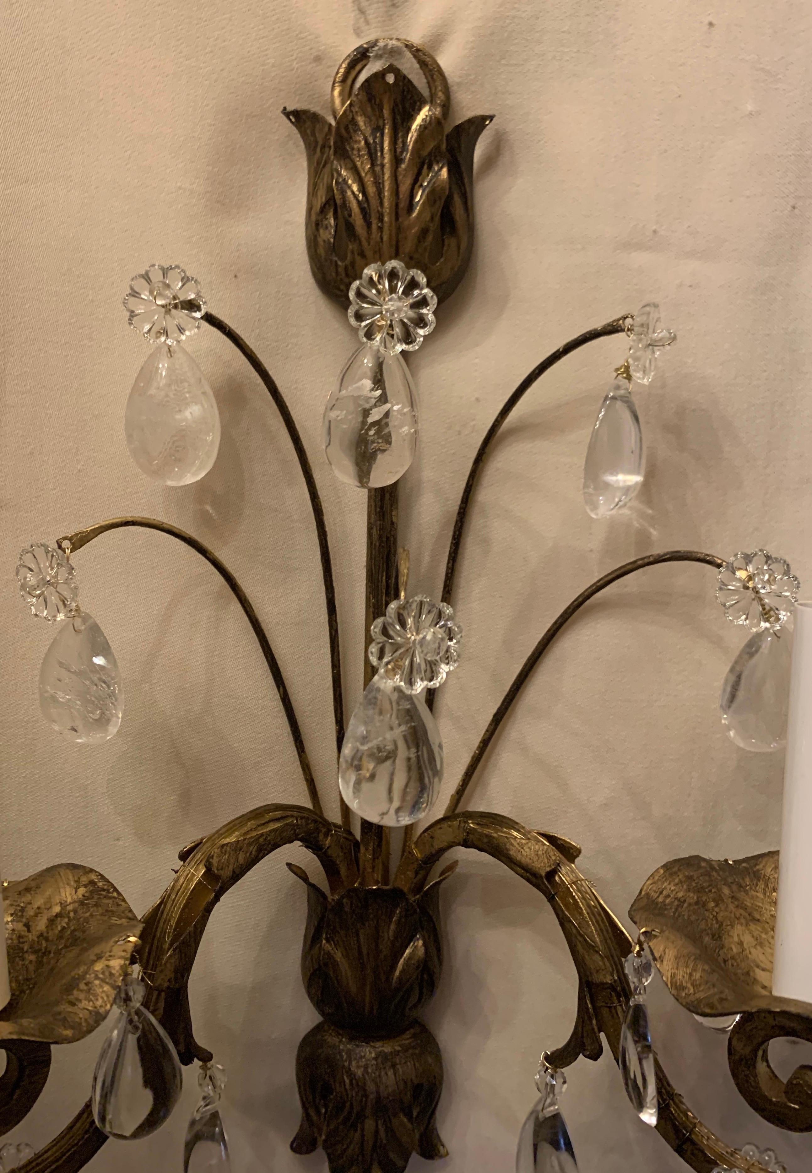 Mid-Century Modern Baguès French Rock Crystal Leaf Flower Crystal Sconces, Pair In Good Condition For Sale In Roslyn, NY